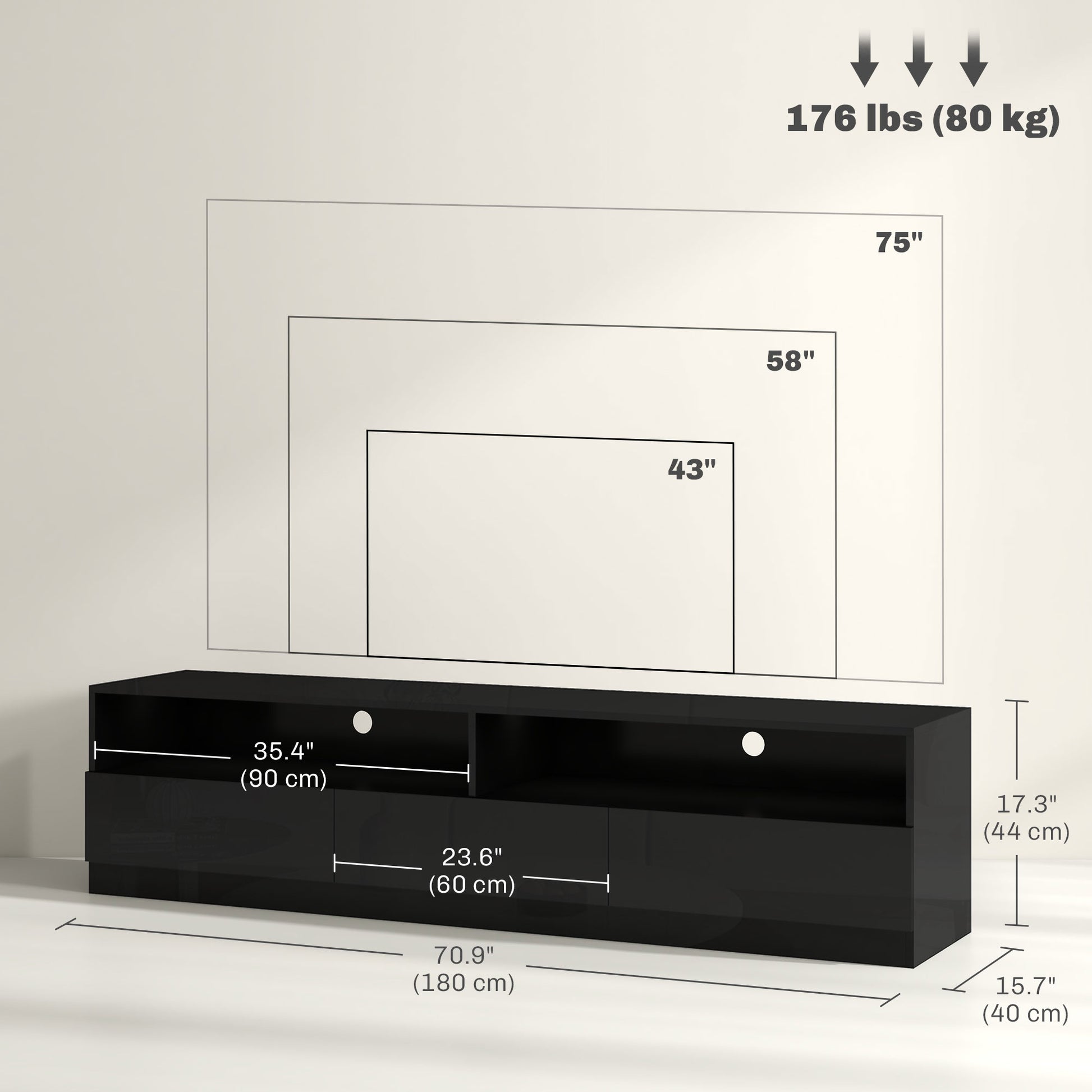 HOMCOM Modern LED Lighted TV Stand for 75 Inch TVs, High Gloss Black