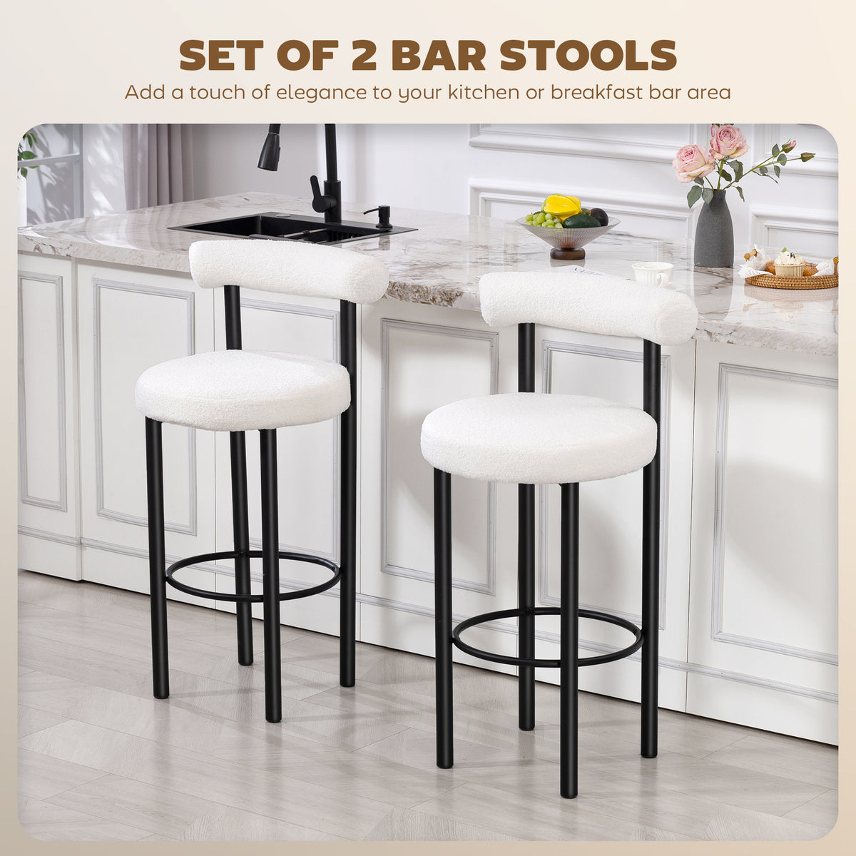 Sherpa Bar Height Stools with Backrest and Footrest, Set of 2, Cream White