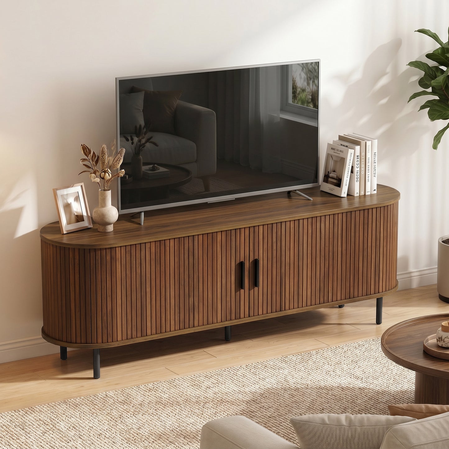HOMCOM TV Stand Curved Sliding Doors Walnut Brown 60"