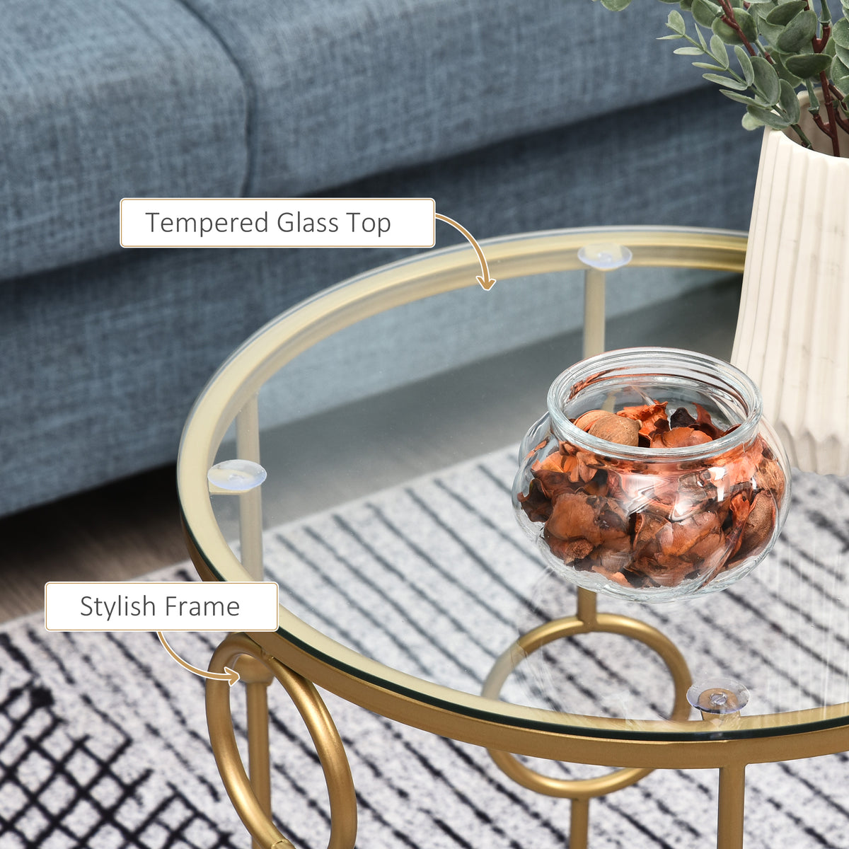 Gold Round Nesting Coffee Tables, Set of 2, Tempered Glass Top