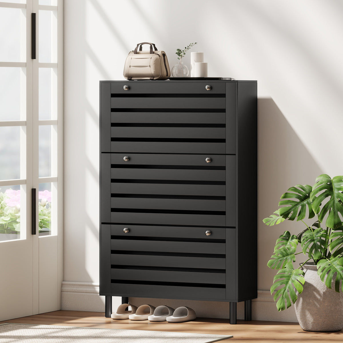 Narrow Shoe Cabinet with 3 Flip Drawers – 31"W x 48"H