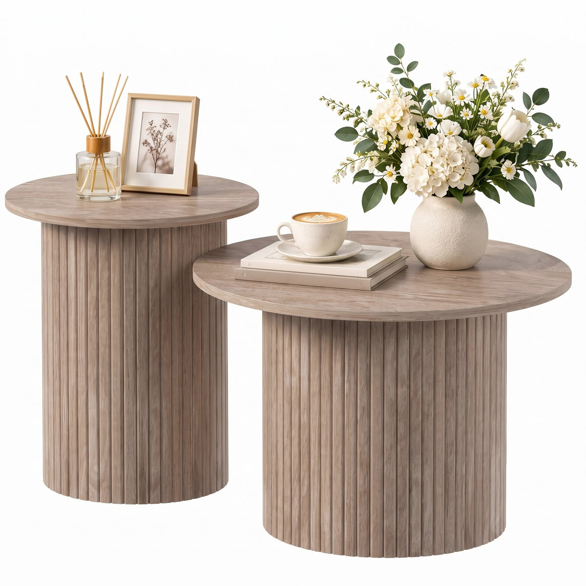 HOMCOM Round Nesting Coffee Table Set of 2, Fluted Mid Century Modern Circle Side Tables, Weathered Coffee Wood Grain