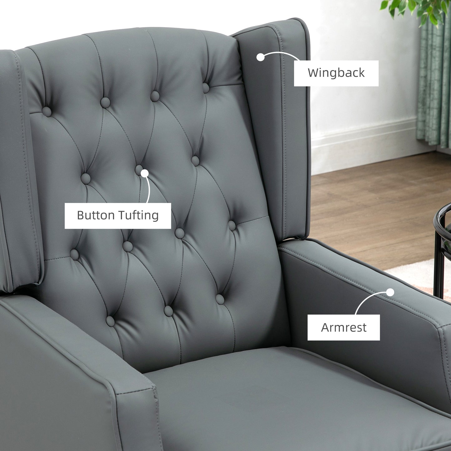 HOMCOM Modern Grey Faux Leather Armchair with Thick Padded Wingback Design