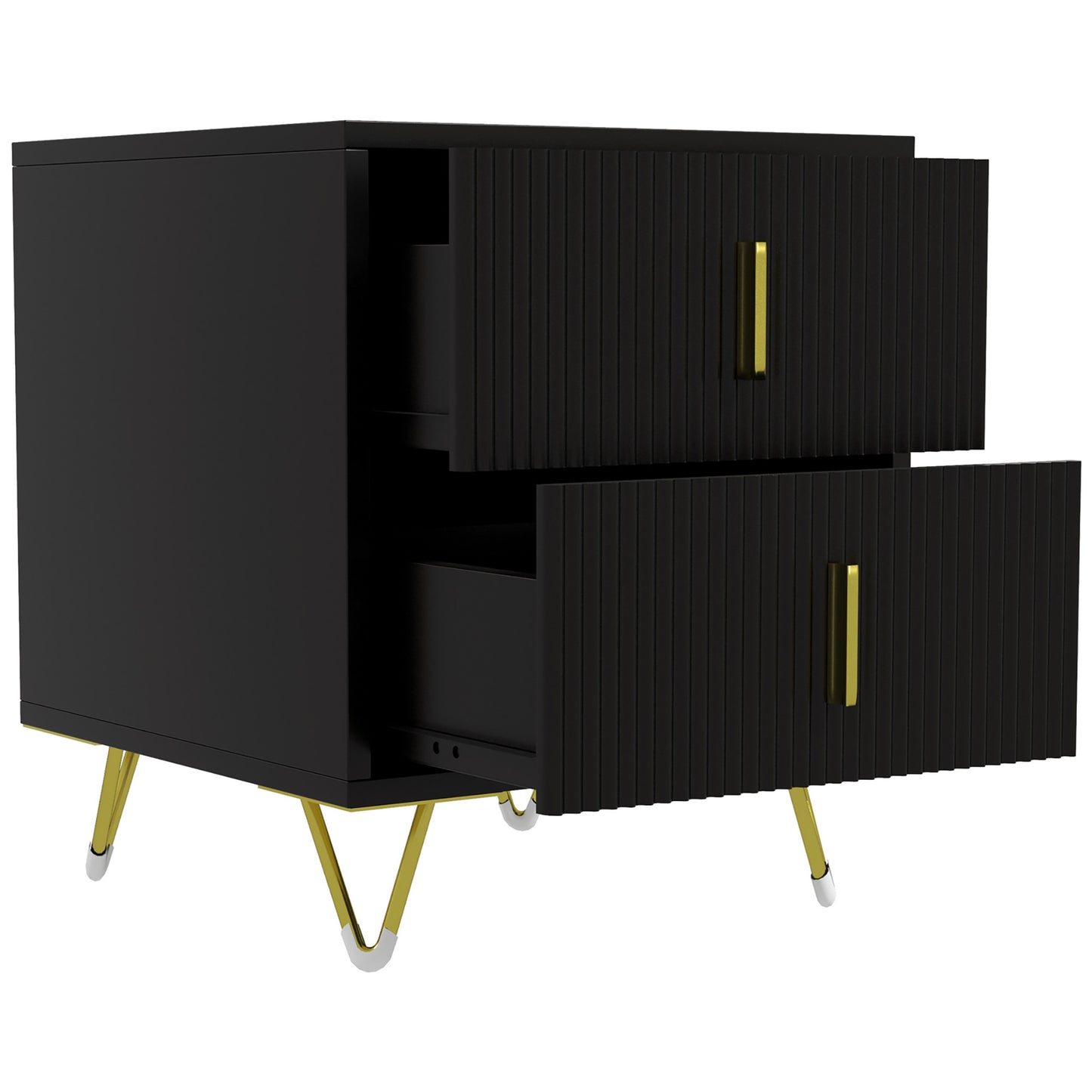 HOMCOM Modern Black 2-Drawer Bedside Nightstand, Fluted Fronts, Golden Metal Legs