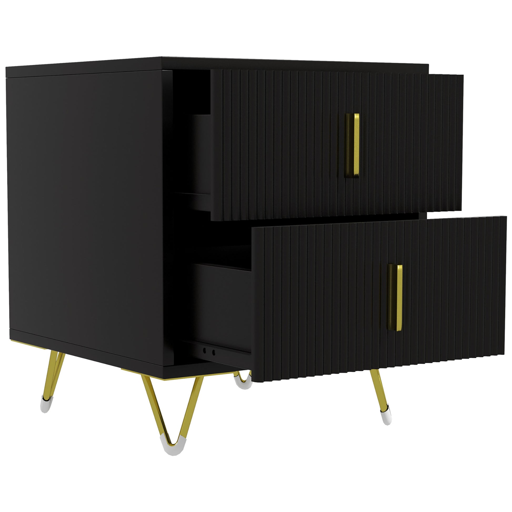 HOMCOM Modern Black 2-Drawer Bedside Nightstand, Fluted Fronts, Golden Metal Legs
