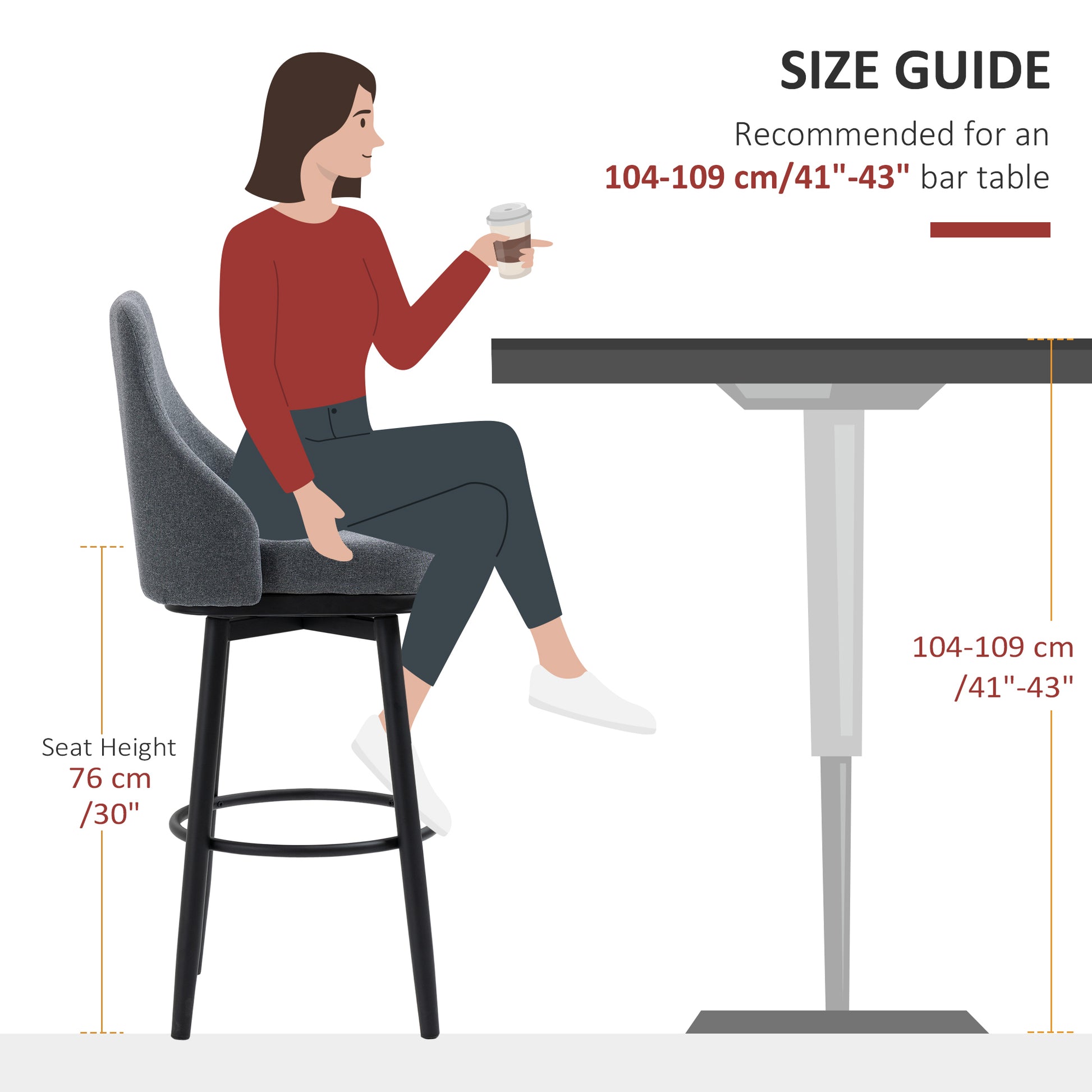 HOMCOM Extra Tall Bar Stools, 360° Swivel, Charcoal Grey