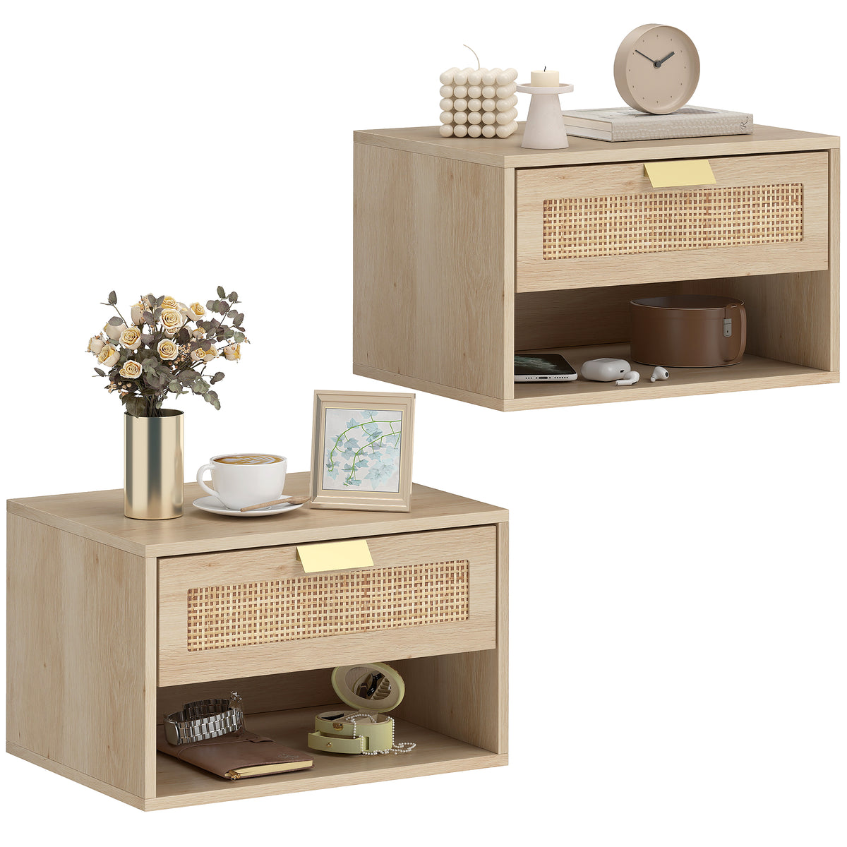 Nordic Floating Nightstands with Drawer and Shelf, Set of 2 – 16"W x 10"H