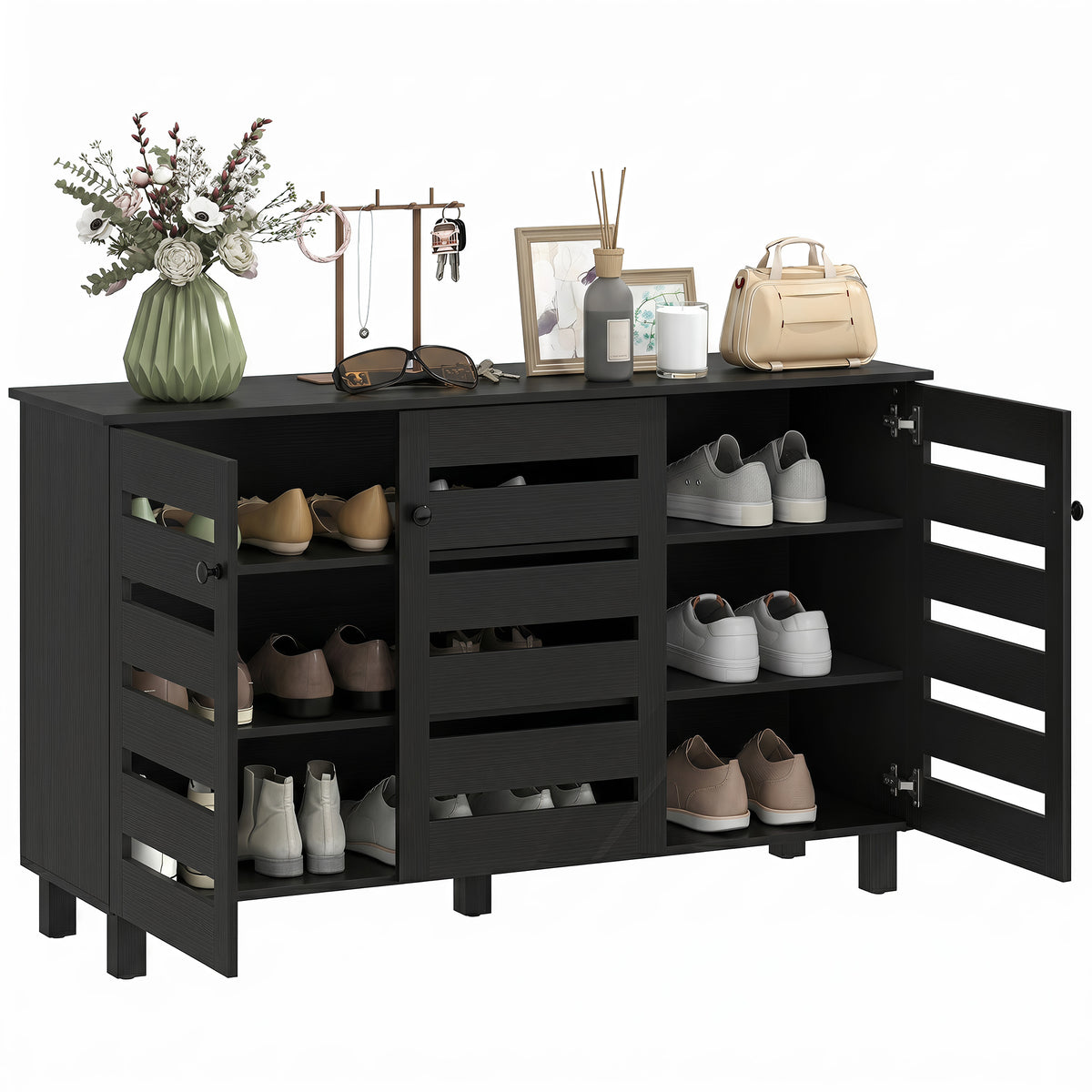 Shoe Cabinet with 3 Slatted Doors – 44"W x 26"H