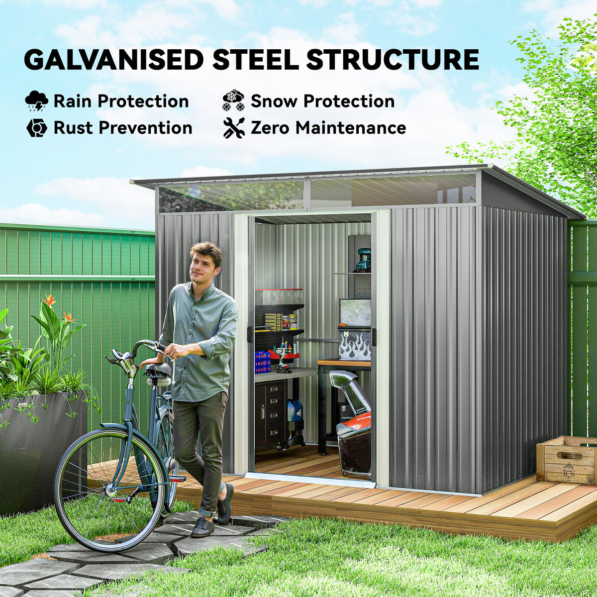 9' x 6.5' Outdoor Metal Storage Shed Utility Tool Storage House w/ Double Sliding Doors for Garden