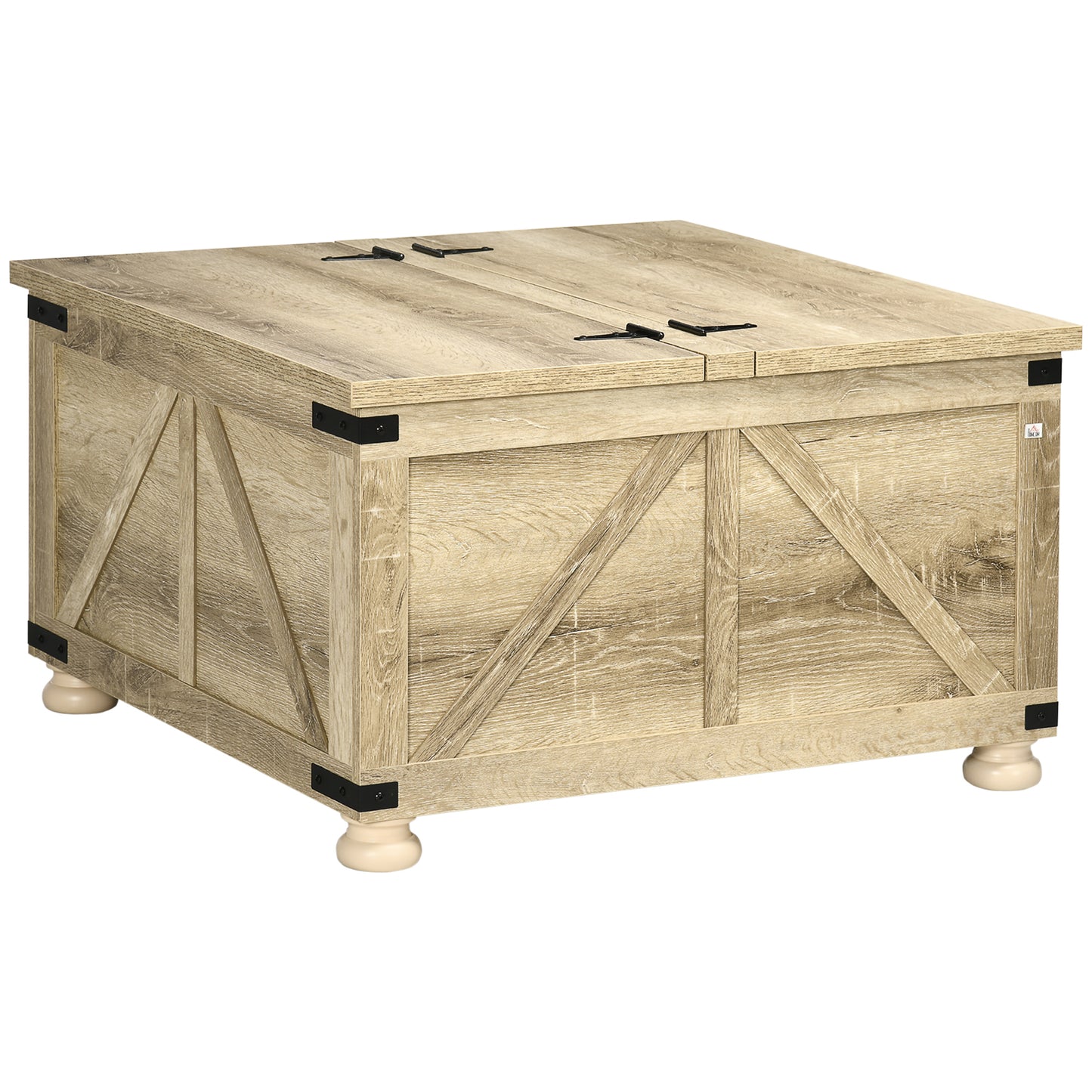 HOMCOM Farmhouse Square Coffee Table, Flip-Top Lids, Hidden Storage, Oak