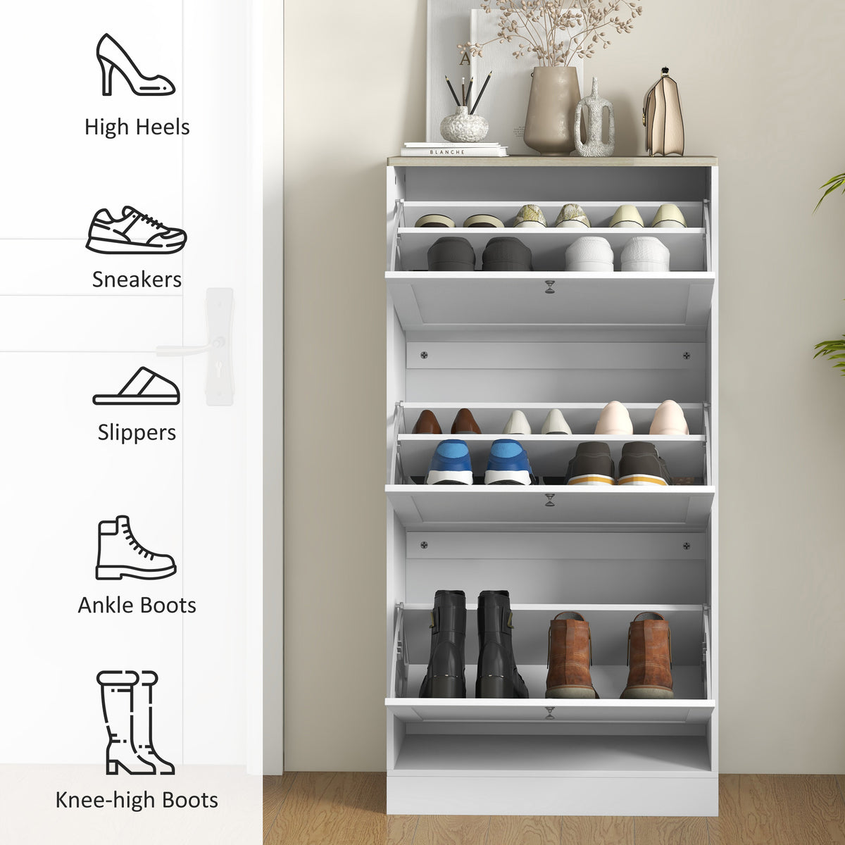 Modern Shoe Storage with 3 Flip Drawers and Adjustable Shelves – 24"W x 45"H