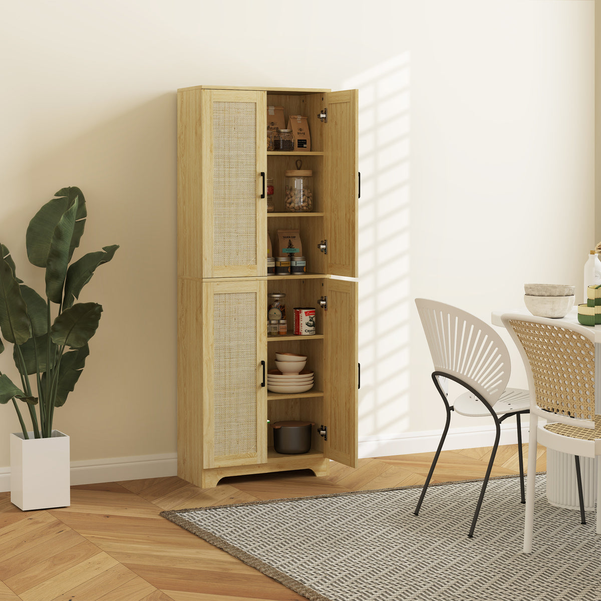 Tall Kitchen Pantry with 4 Rattan Doors and Adjustable Shelves – 24"W x 67"H