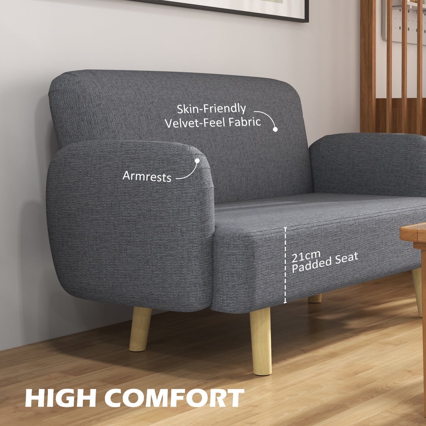 HOMCOM Grey Velvet 2-Seater Loveseat, Thick Padded Small Sofa with Wood Legs