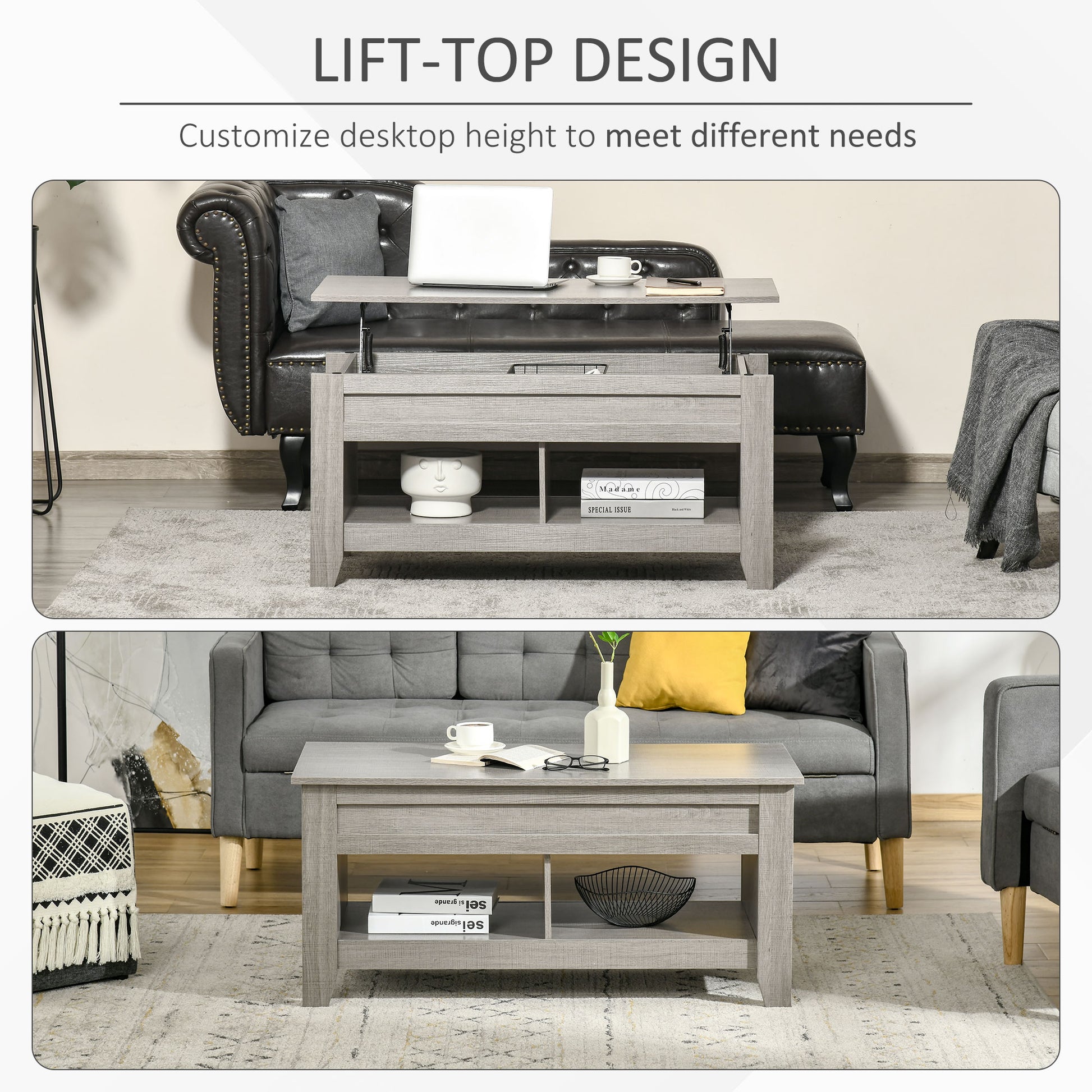 HOMCOM Lift Top Coffee Table: Hidden Storage, Open Shelves, Pop-Up Work Surface