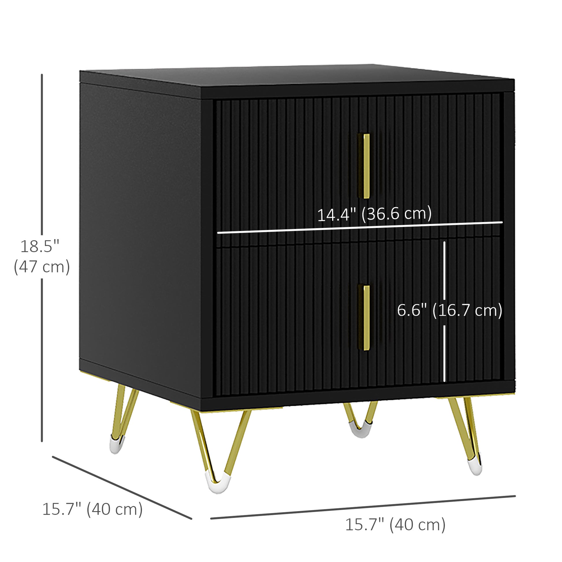 HOMCOM Modern Black 2-Drawer Bedside Nightstand, Fluted Fronts, Golden Metal Legs