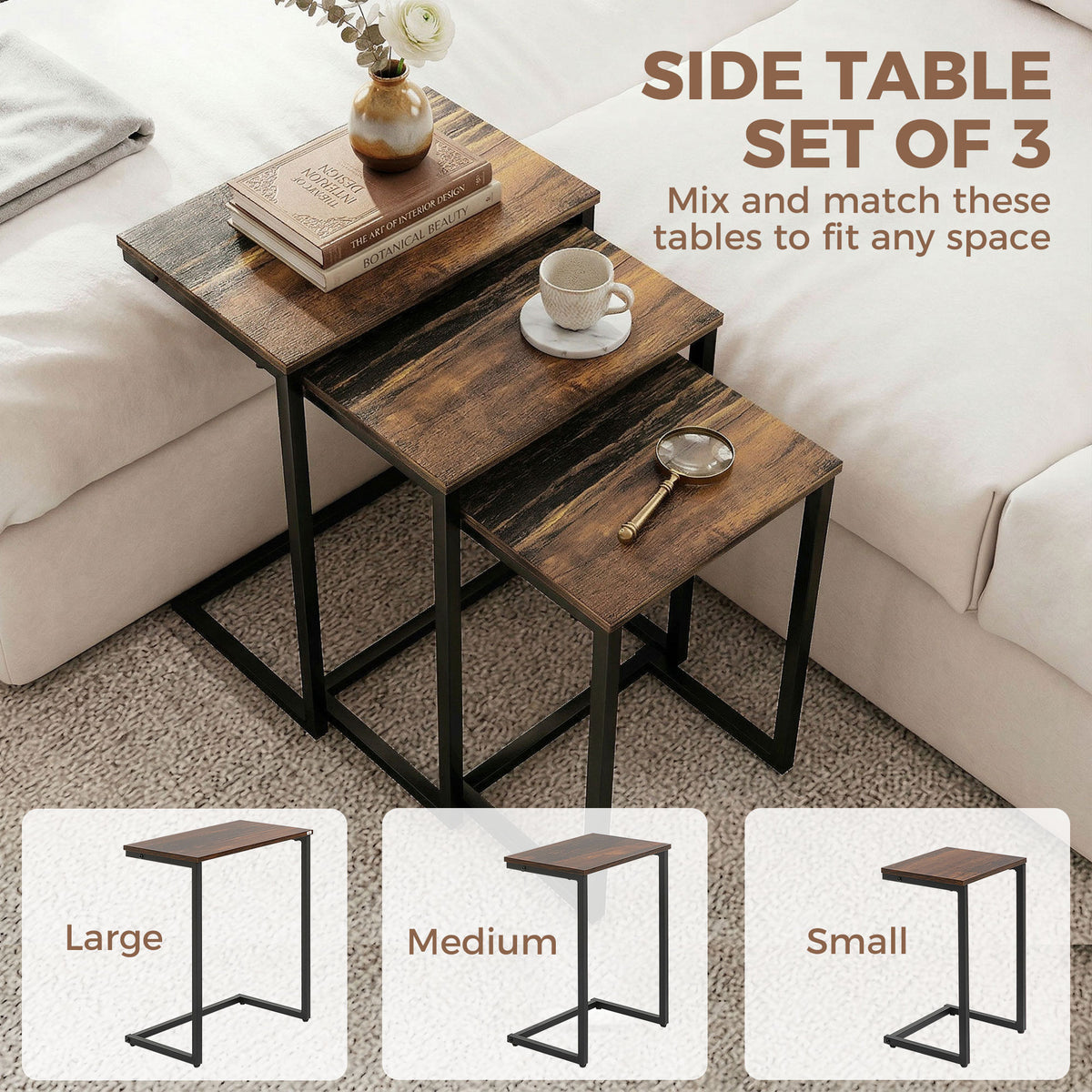 Nesting Side Tables Set of 3 – C-Shaped, Rustic Brown