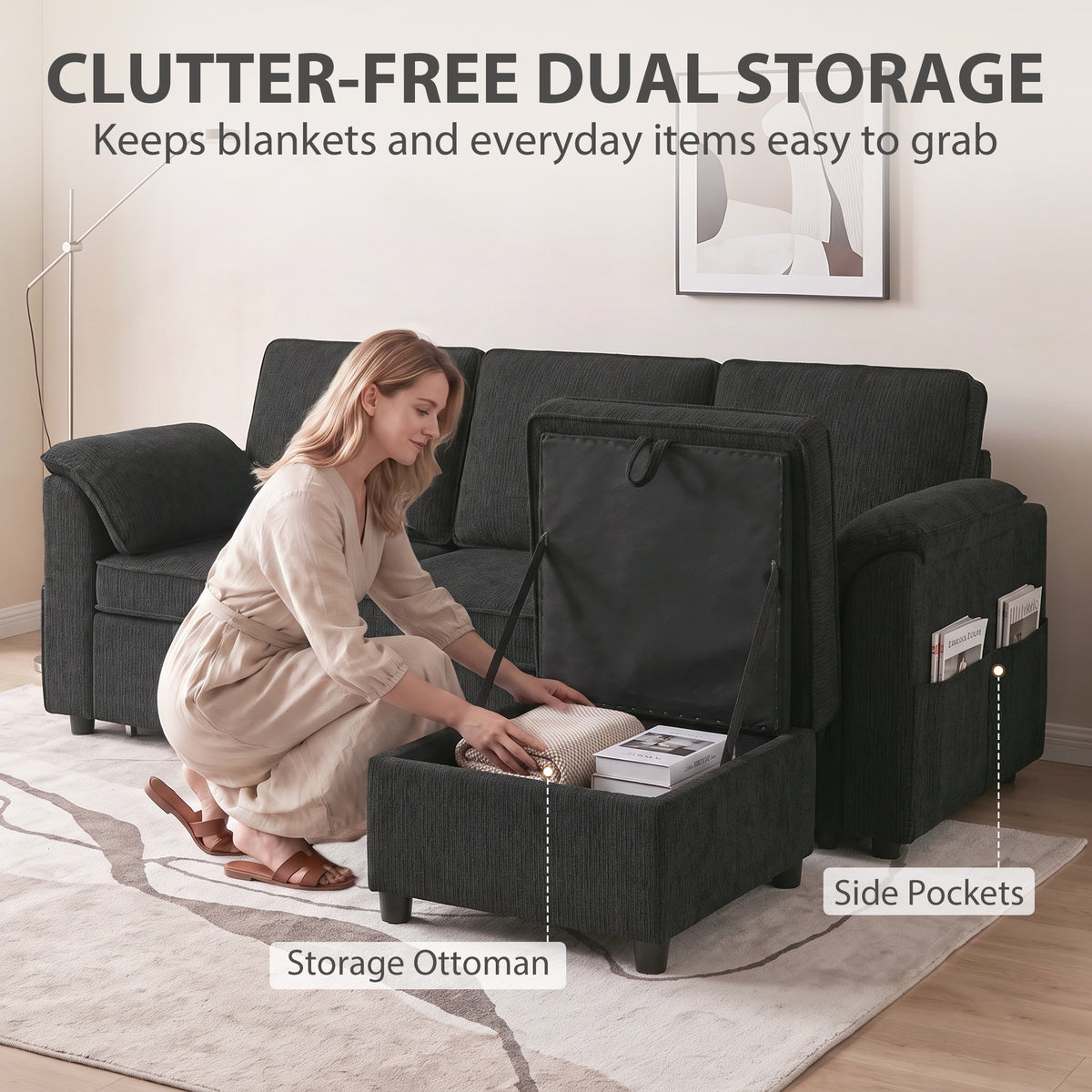 Reversible Pull-Out Sleeper Sectional with Storage Ottoman