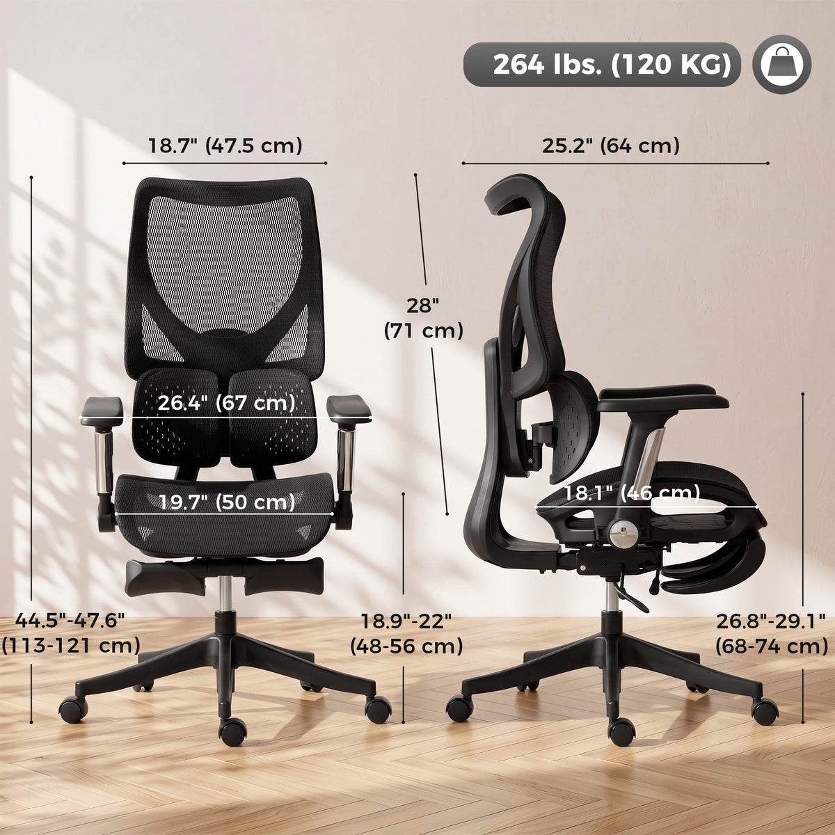Ergonomic Office Chair with Lumbar Support, Mesh Reclining Desk Chair with Footrest, Black