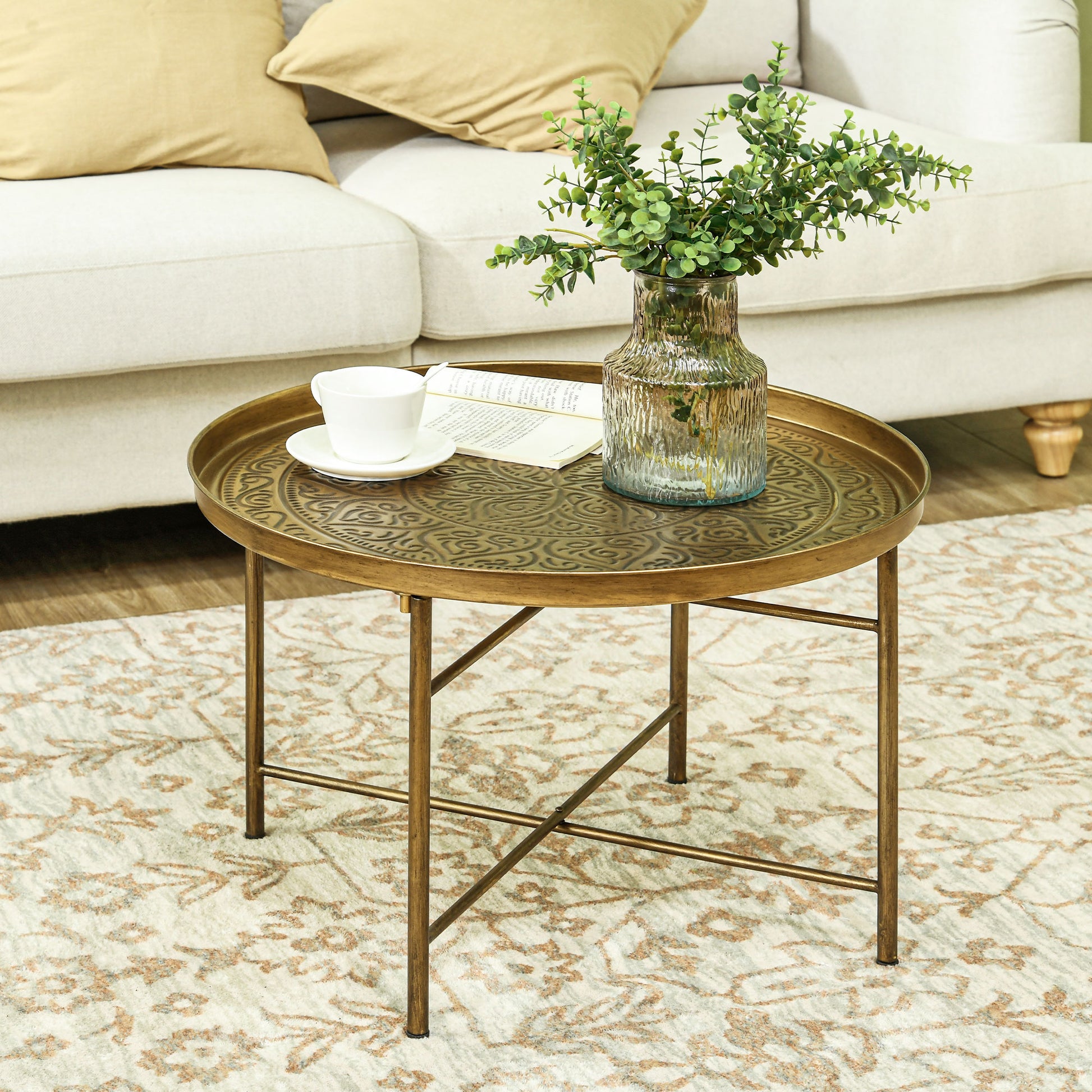 HOMCOM Vintage Gold Coffee Table 24" Round Center – Boho Elegance