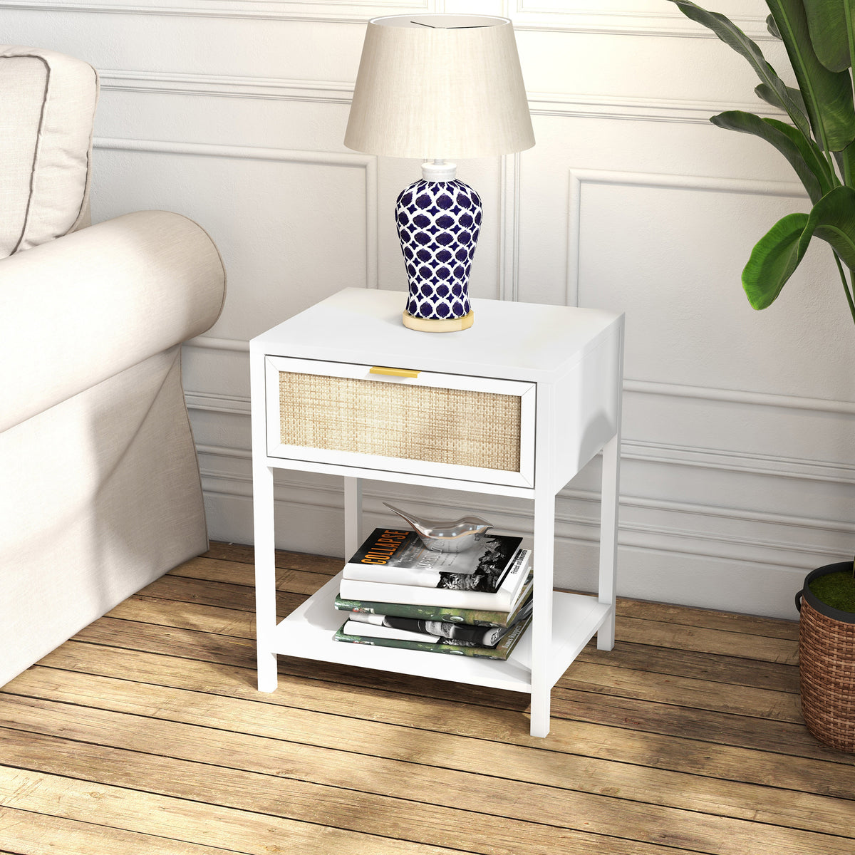 Boho Nightstand with Rattan Drawer and Open Shelf – 20"W x 24"H