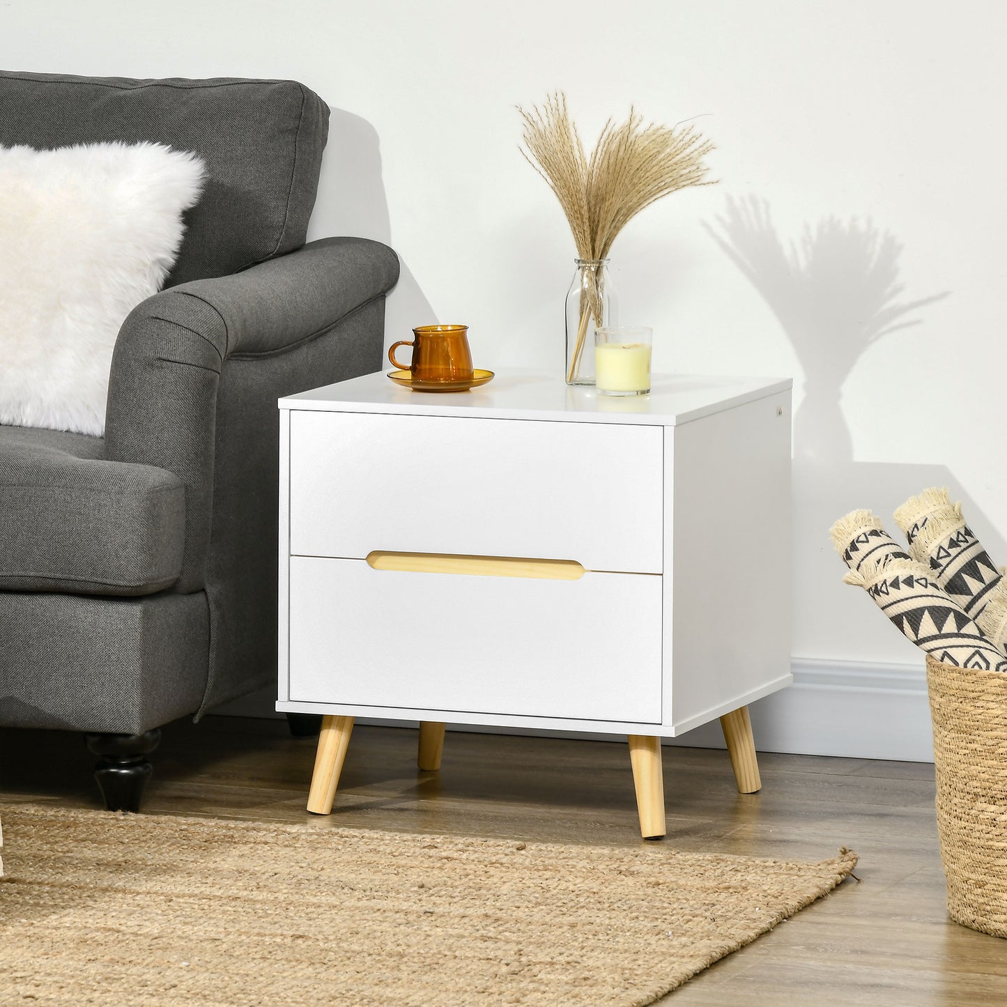 HOMCOM Modern White Nightstand with 2 Drawers, Solid Pine Wood Legs