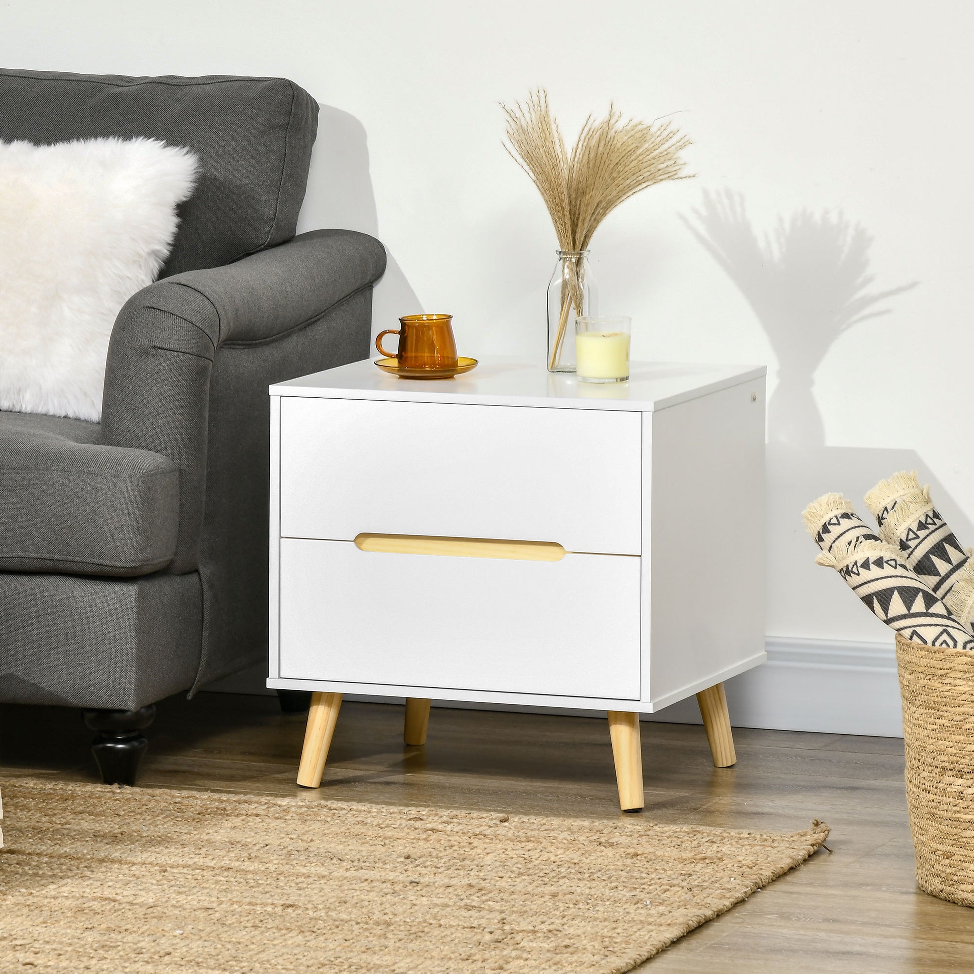 HOMCOM Modern White Nightstand with 2 Drawers, Solid Pine Wood Legs