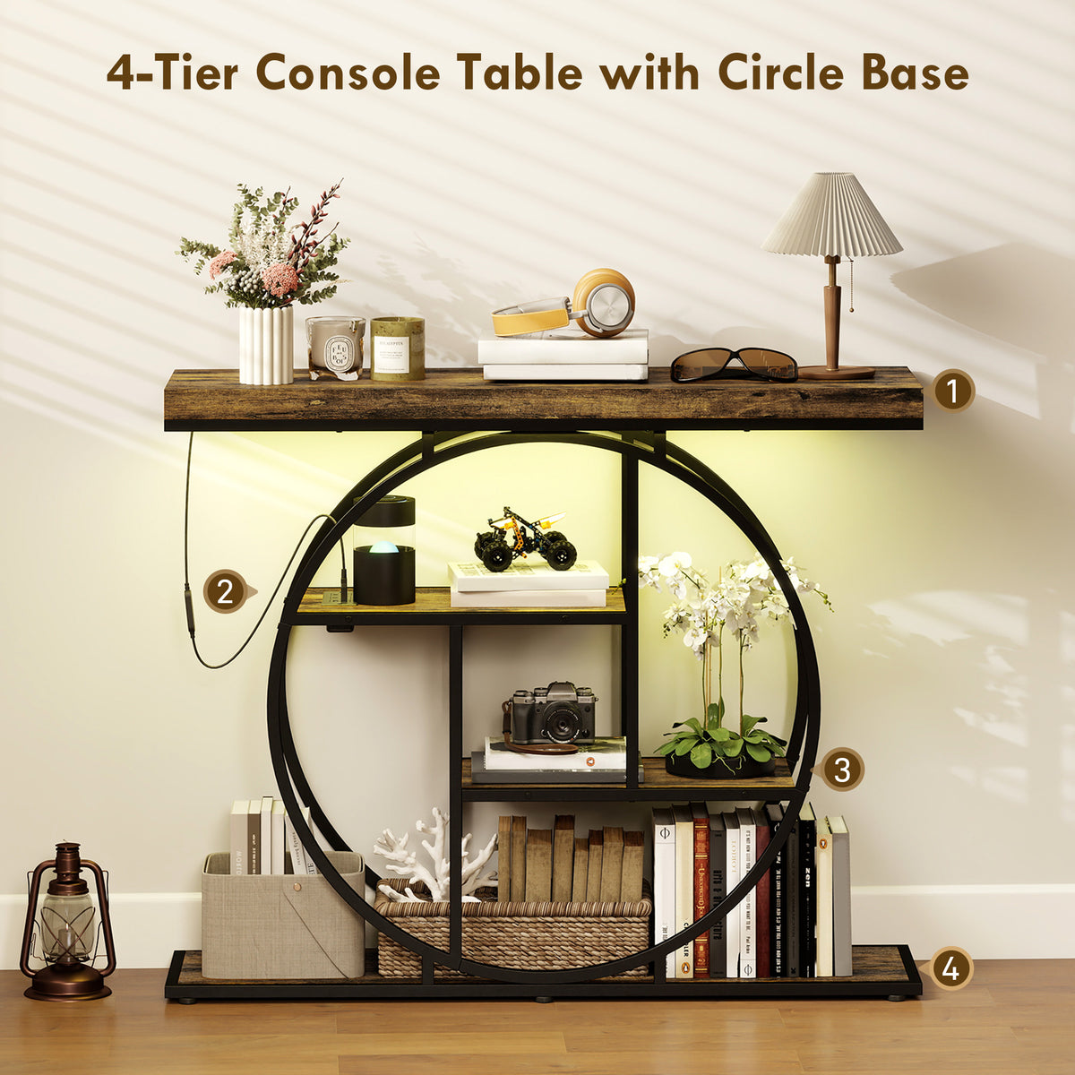 39" 4-Tier Console Table with Charging Station & LED Lights