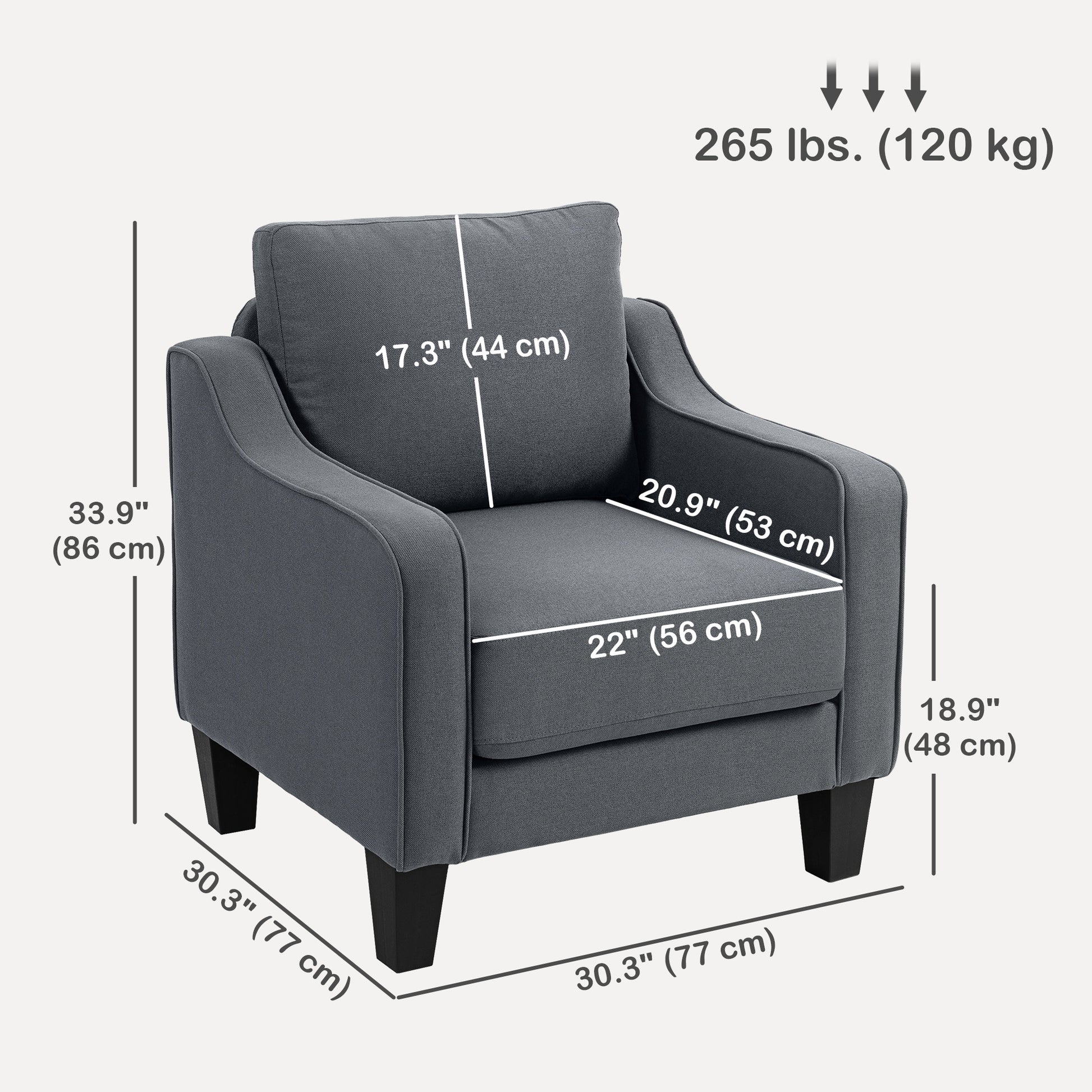 Modern Accent Armchair: Comfortable Linen Upholstered Charcoal Grey Chair with Pocket Spring