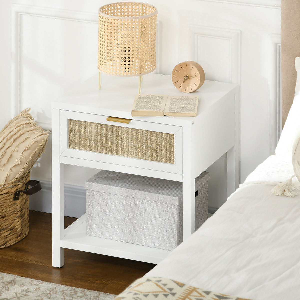 Boho Nightstand with Rattan Drawer and Open Shelf – 20"W x 24"H