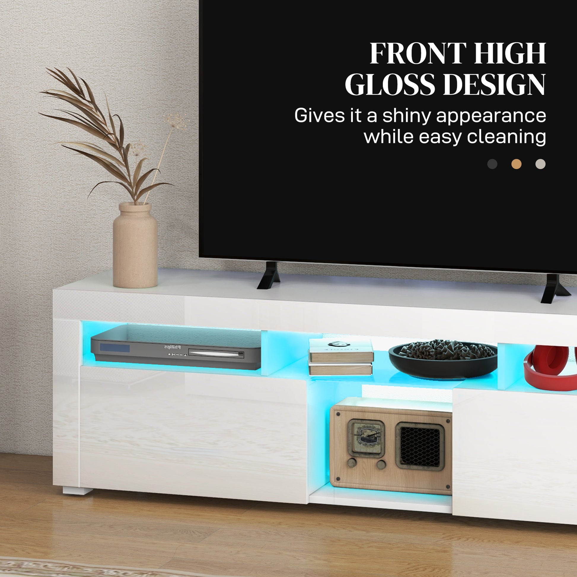 HOMCOM Modern White TV Stand with LED Lights, Storage, Open Compartments