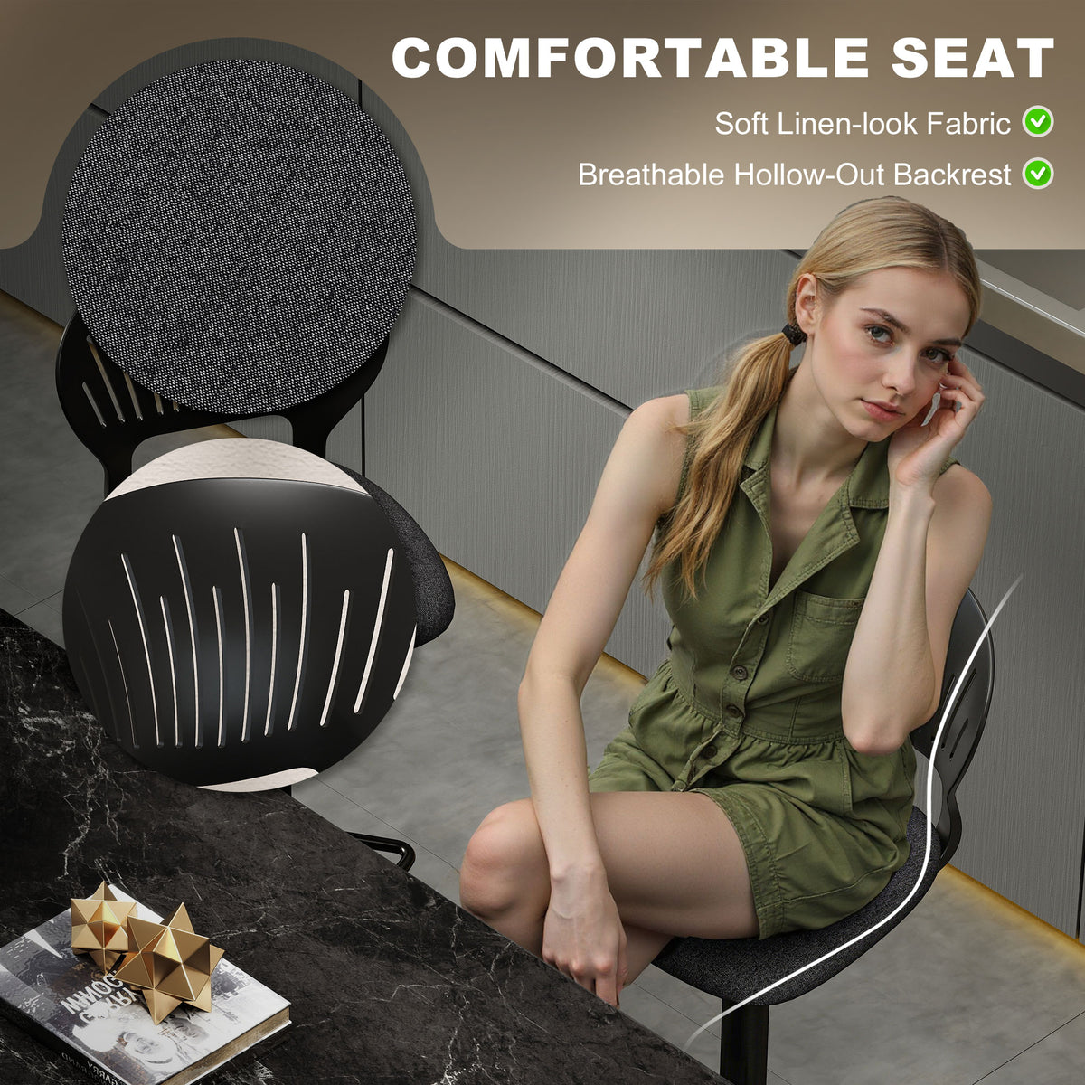 Linen-Look Swivel Counter Stools with Hollow Backrest and Footrest, Set of 2, Black