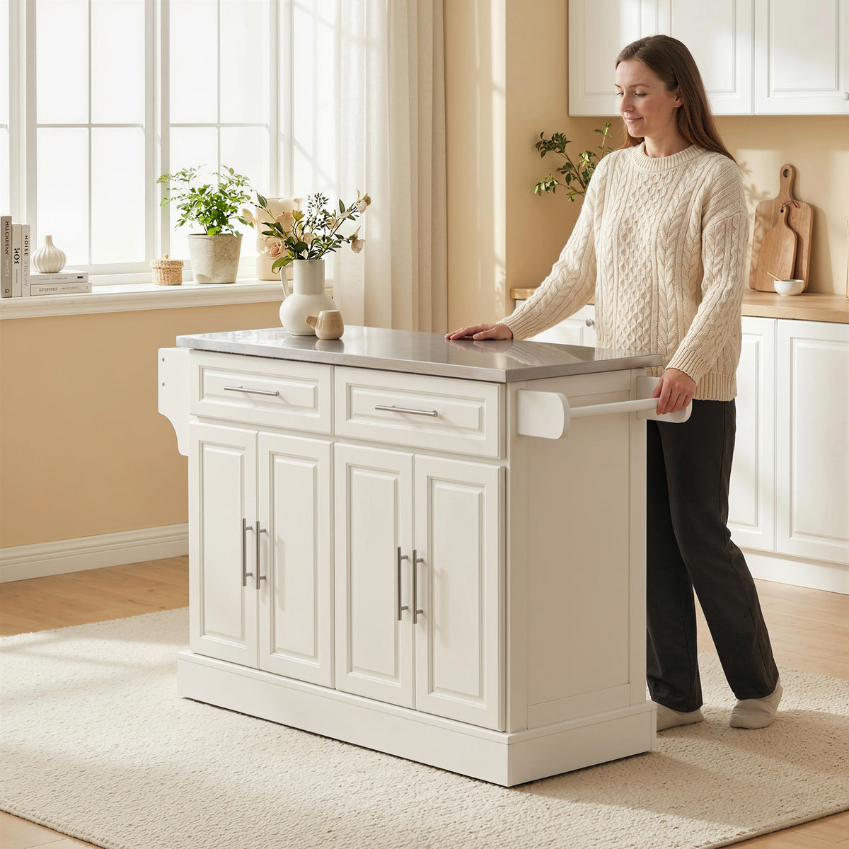 Rolling Kitchen Island with Stainless Steel Top – 57"W x 37"H