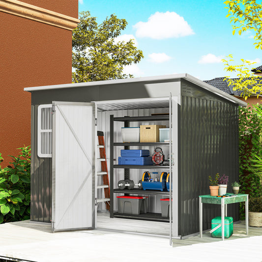8.5' x 6' Galvanised Steel Outdoor Storage Shed, Garden Shed with Window, Lockable Wide Doors and Air Vents – Grey