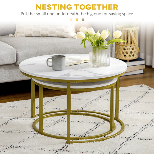 HOMCOM Modern Round Nesting Coffee Tables Set, White Marble Effect Top