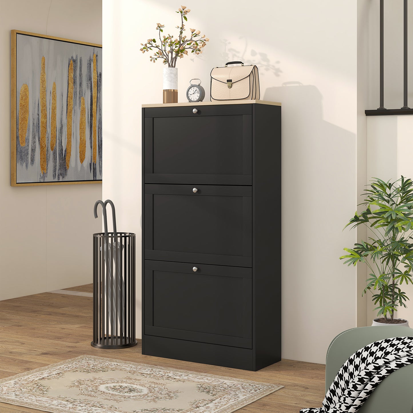 Modern Black Shoe Cabinet: 3 Flip Drawers, Adjustable Storage for 18 Pairs