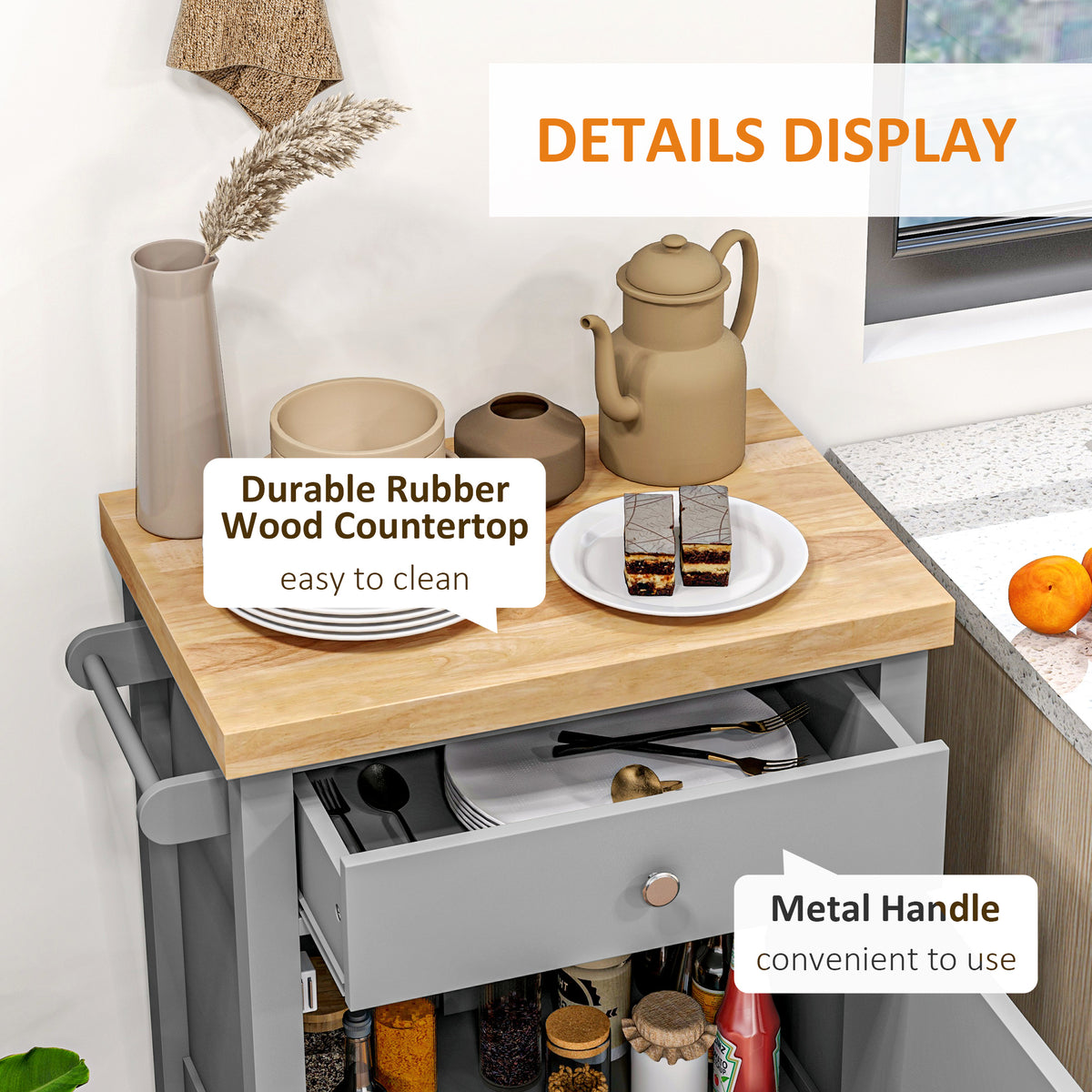Rolling Kitchen Cart with Wood Top – 25"W x 35"H