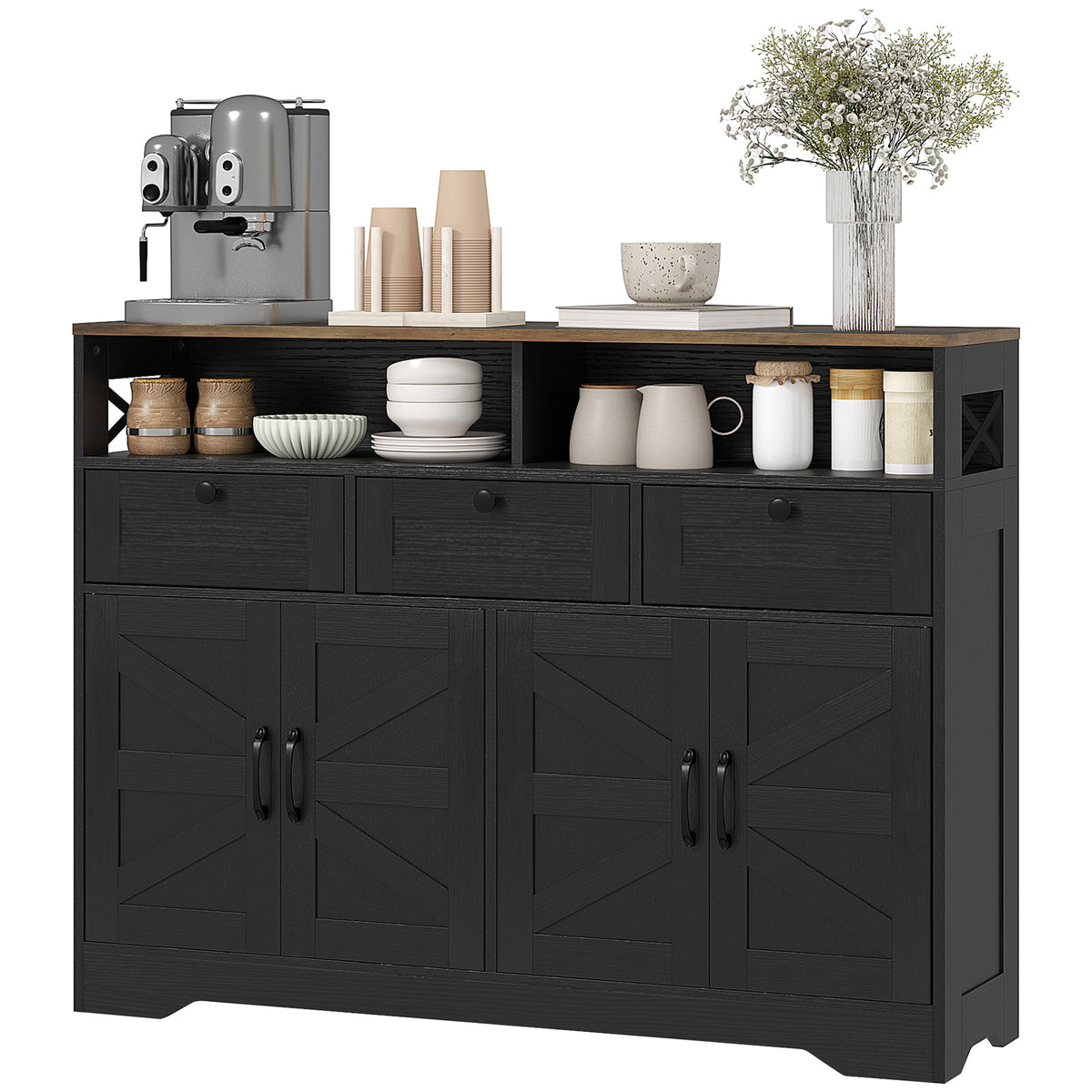 Buffet Cabinet with 4 Barn Doors and 3 Drawers – 47"W x 35"H