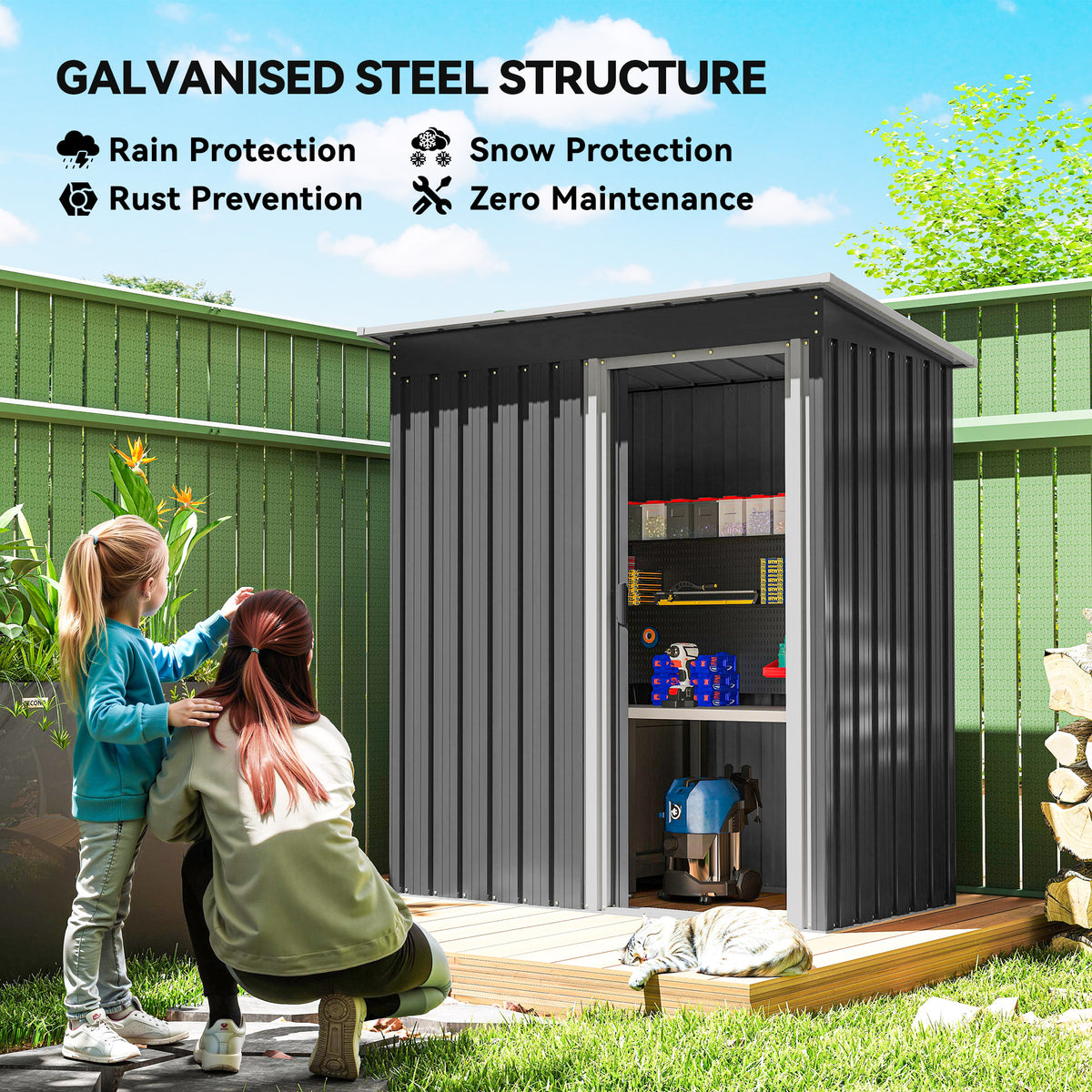5 x 3 FT Outdoor Storage Shed with Sliding Door and Sloped Roof, Steel Frame Garden Shed Tool Equipment – Black