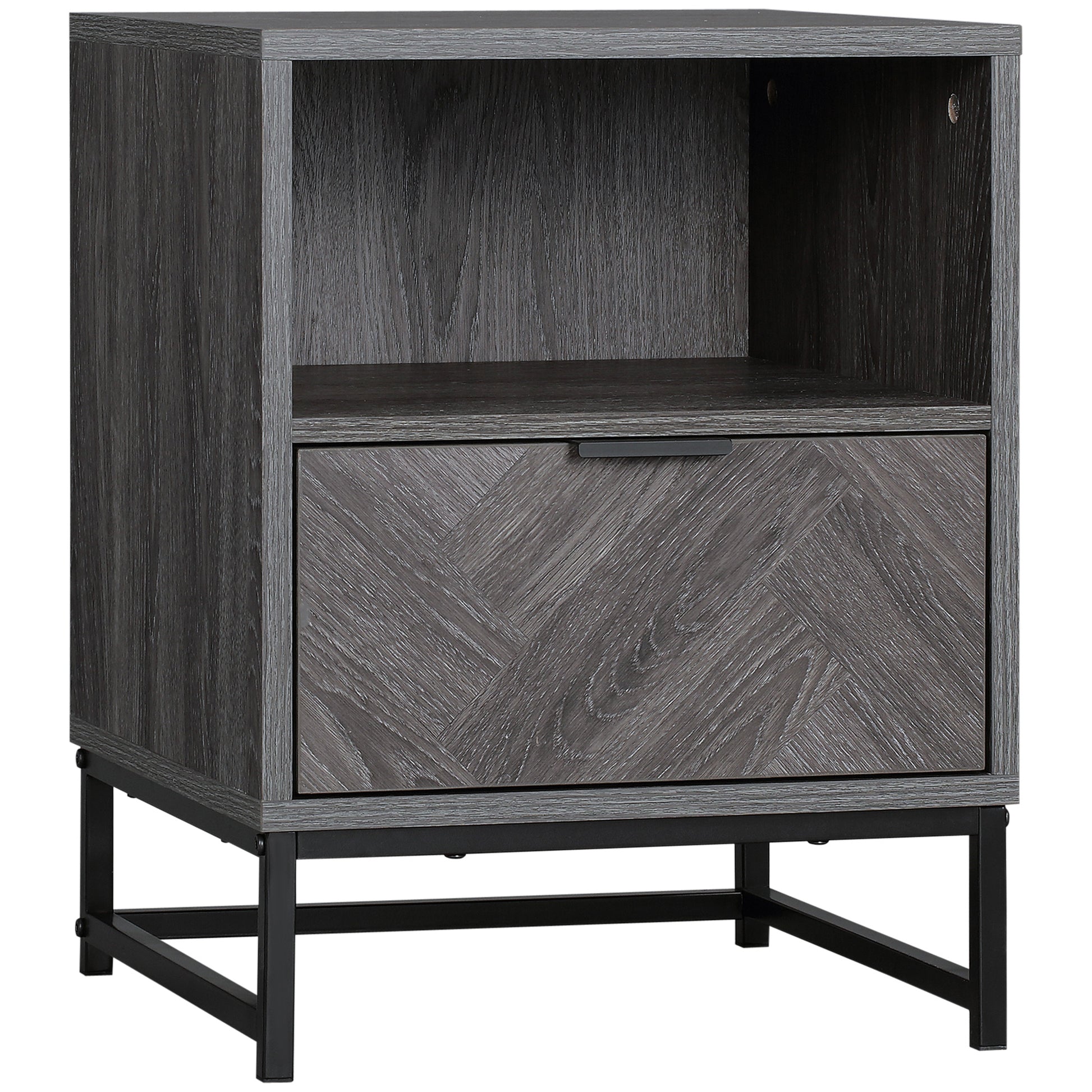 HOMCOM Modern Dark Grey Bedside Table with Drawer and Open Shelf Storage