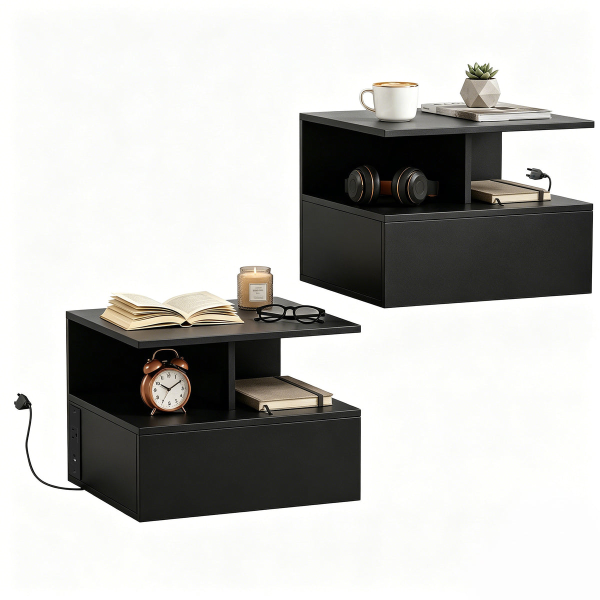Floating Nightstands with Power Outlets, Set of 2 – 16"W x 12"H