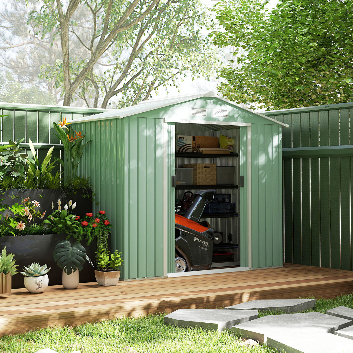 7'x 4'x 6' Garden Tool Shed Metal Storage Shed w/ Foundation Kit, Vents and Double Doors – Light Green