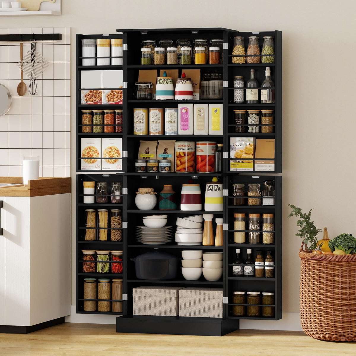 Kitchen Pantry Cabinet with 4 Doors and 16 Door Shelves – 24"W x 65"H