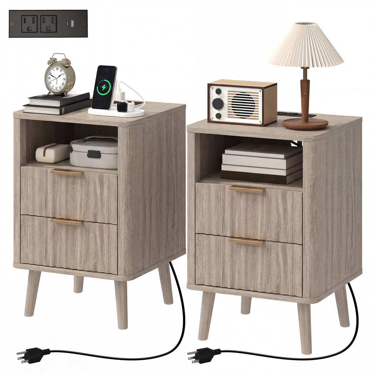 Nightstands with Charging Station, 2 Drawers and Shelf, Set of 2 – 16"W x 24"H