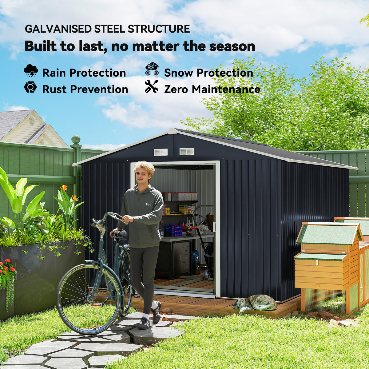 11' x 9' Metal Storage Shed Garden Tool House with Double Sliding Doors, 4 Air Vents for Backyard, Patio, Lawn – Dark Grey