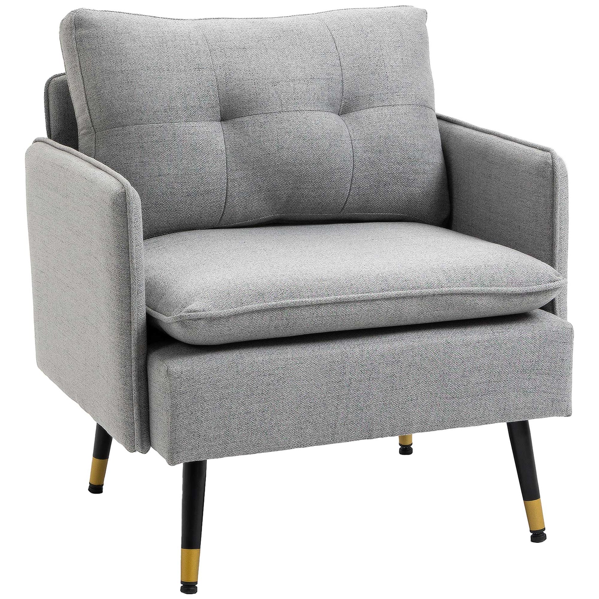 HOMCOM Grey Upholstered Accent Chair, Button Tufted Fabric Armchair, Steel Legs