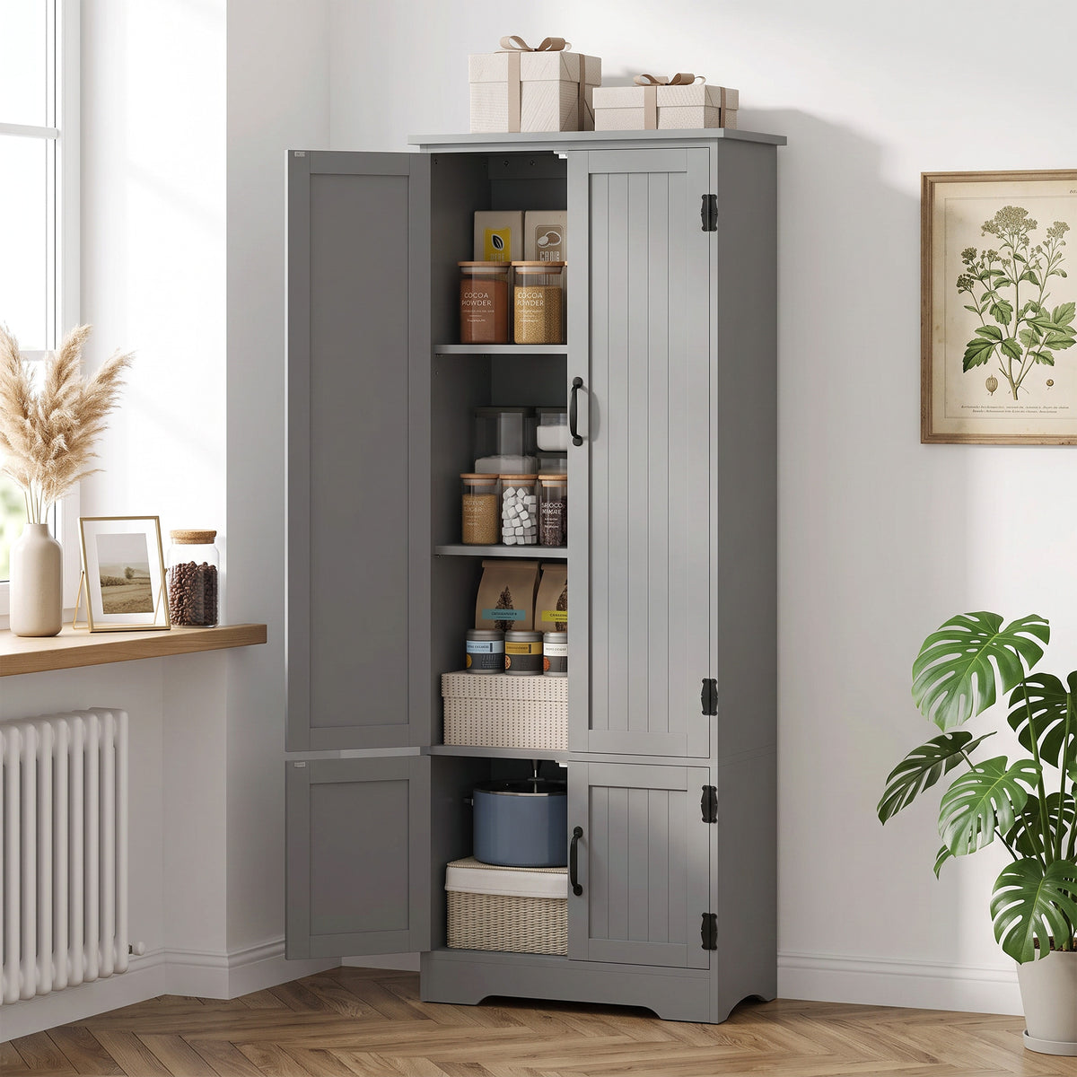 4-Door Pantry Storage Cabinet with Adjustable Shelves – 24"W x 60"H
