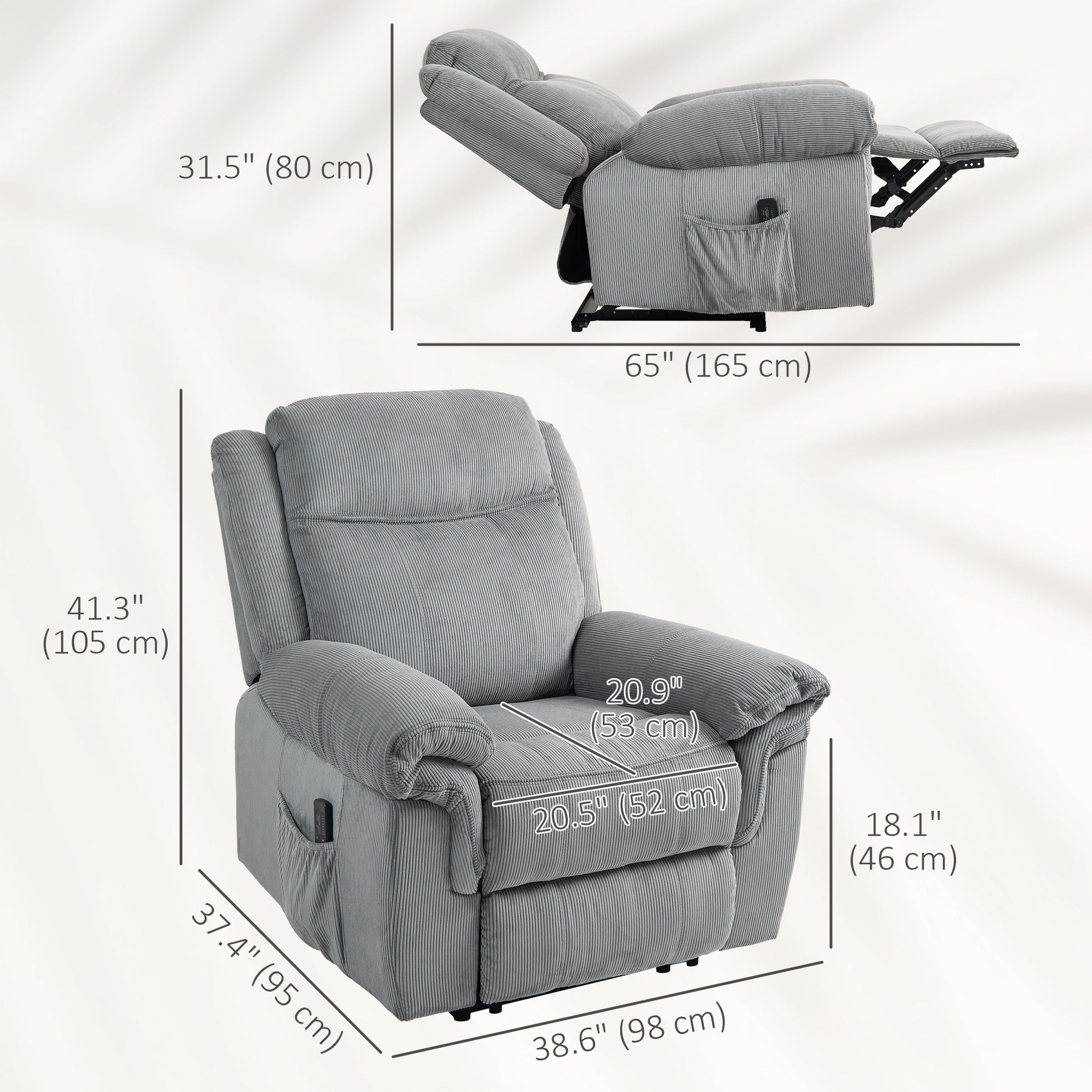 HOMCOM Manual Recliner Chair with Vibration Massage, Side Pockets, Plush Corduroy Fabric, Grey