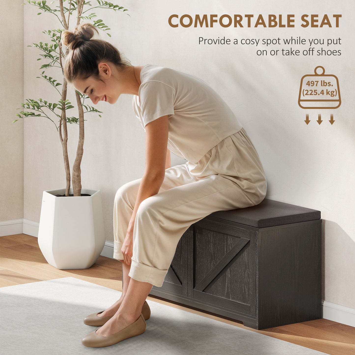 HOMCOM Entryway Shoe Storage Bench, Padded Seat, 8-Pair Organizer, Black Wood Grain