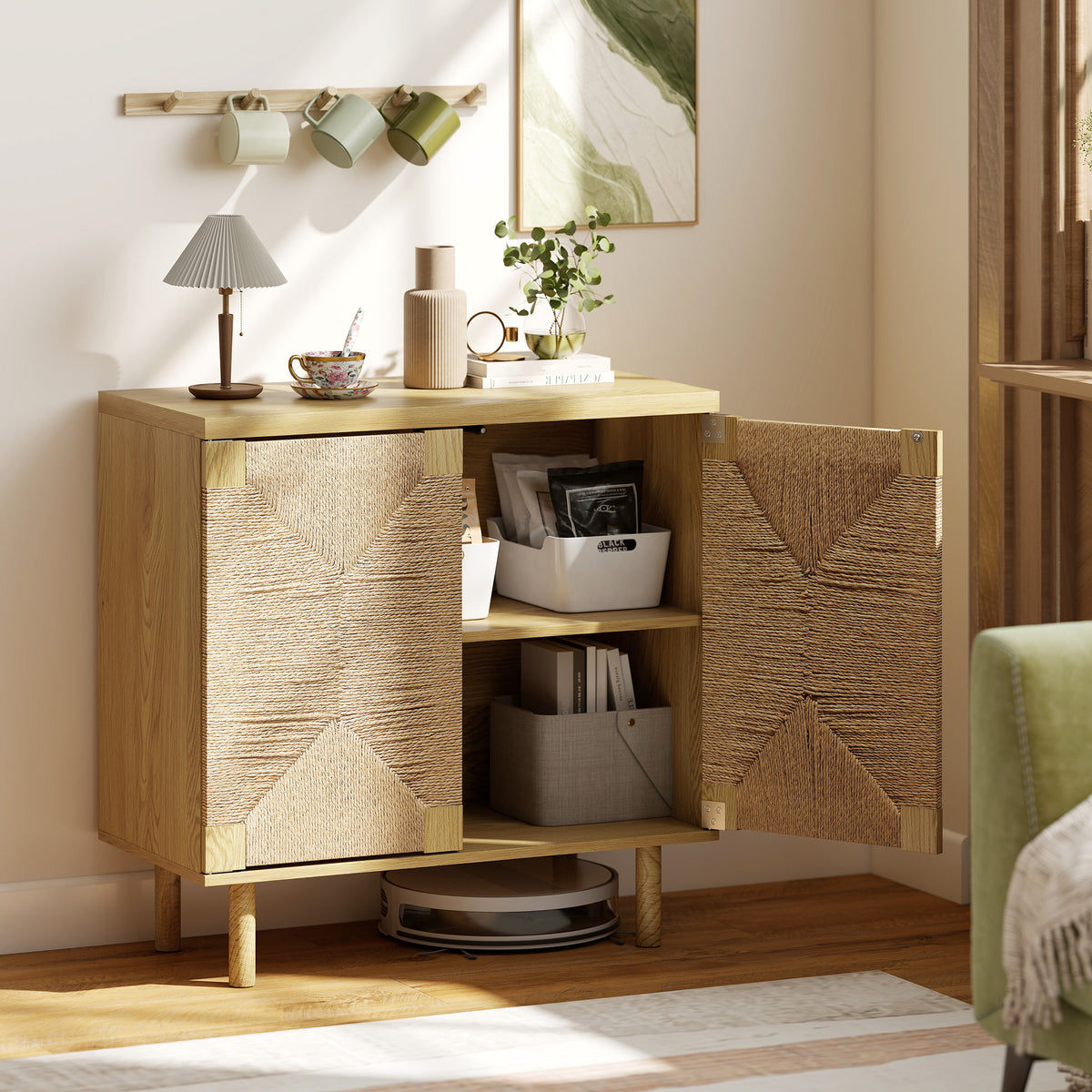 Boho Rope-Weave Sideboard with Push-to-Open Doors – 31"W x 31"H