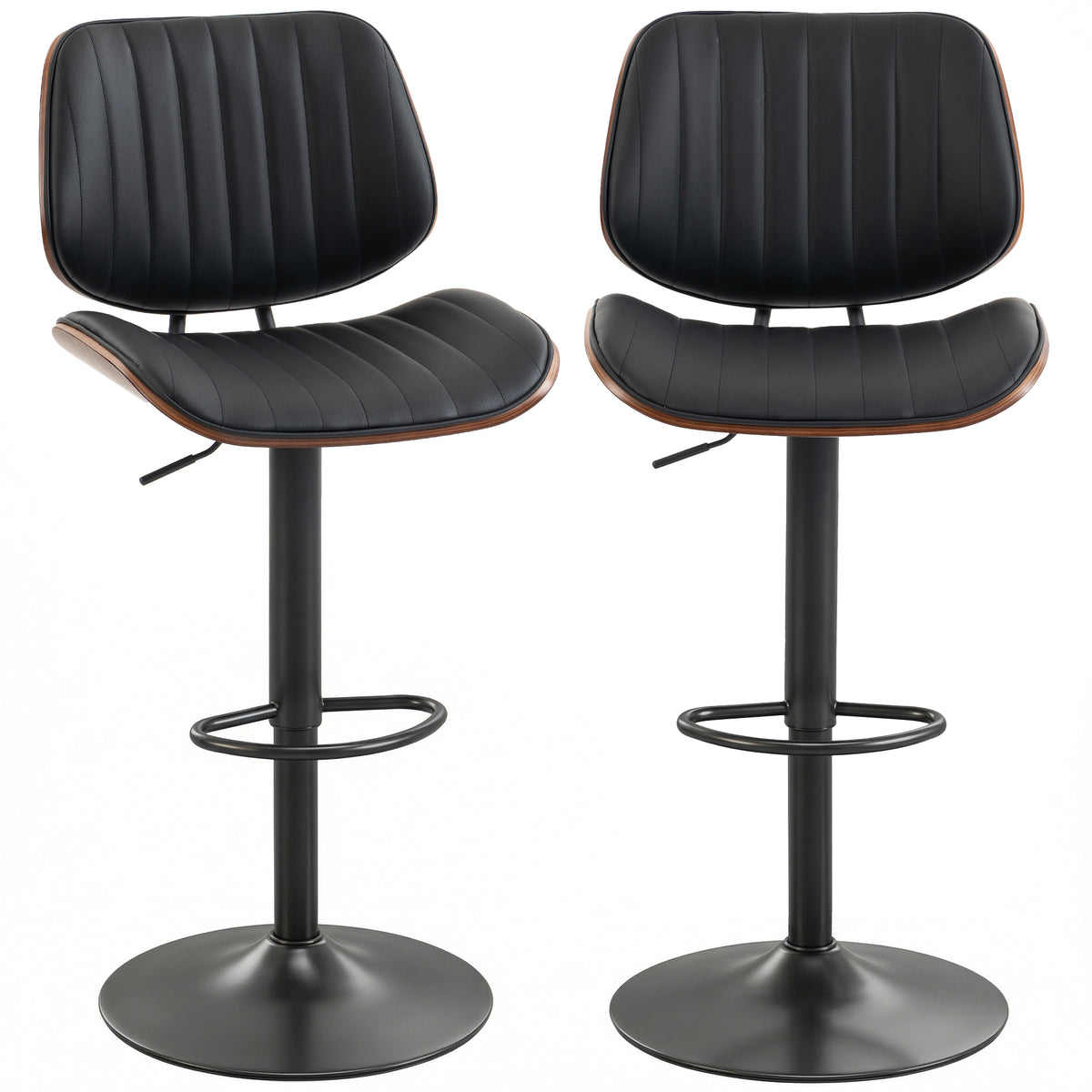 Bentwood-Back PU Leather Swivel Bar Stools, Adjustable, Set of 2, Black
